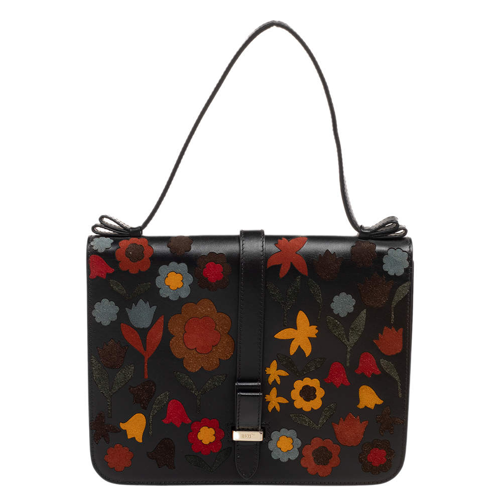 Pre Owned RED Valentino Black Leather and Floral Suede Shoulder Bag