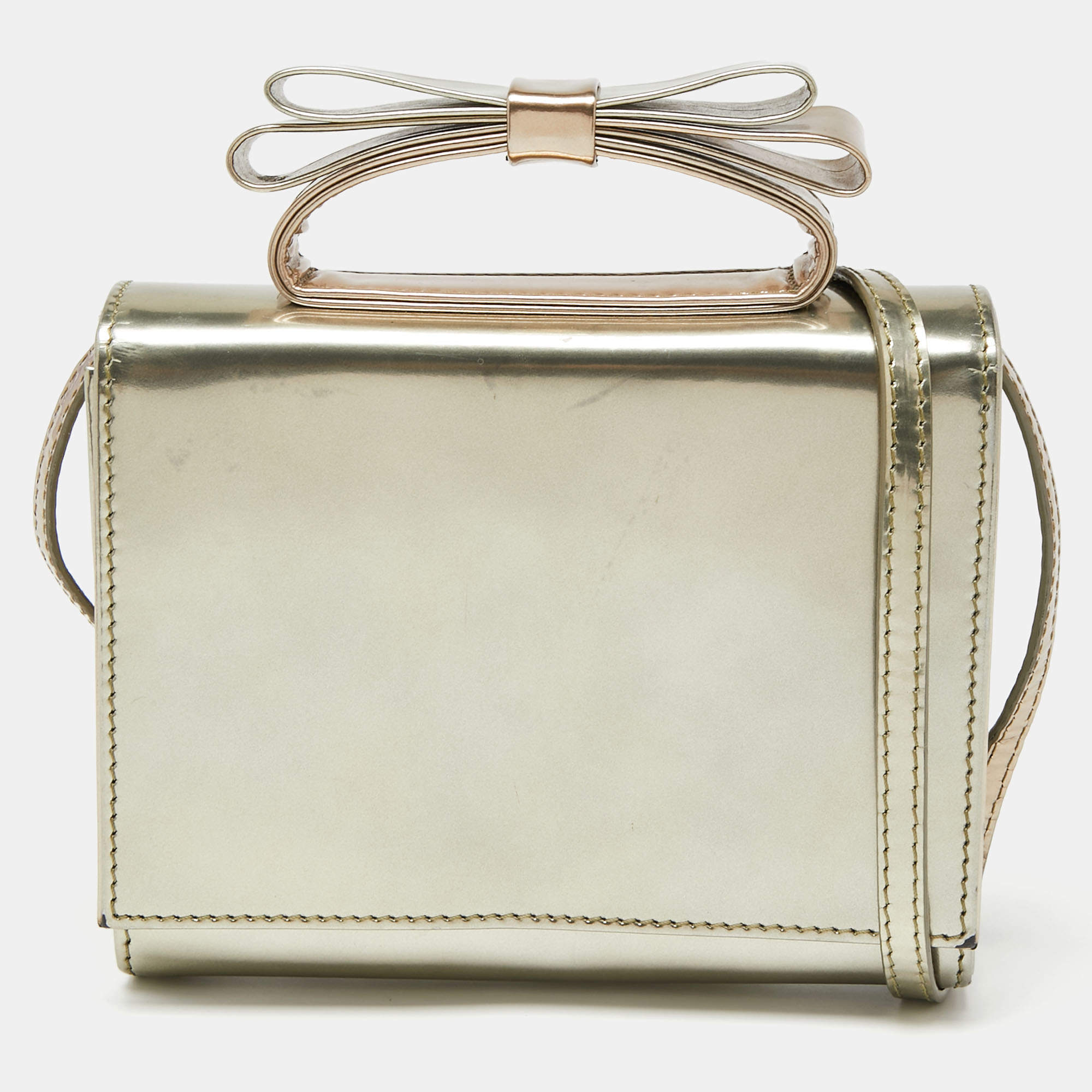 Pre Owned RED Valentino Light Gold Mirror Laminated Leather Flap Top Handle Bag