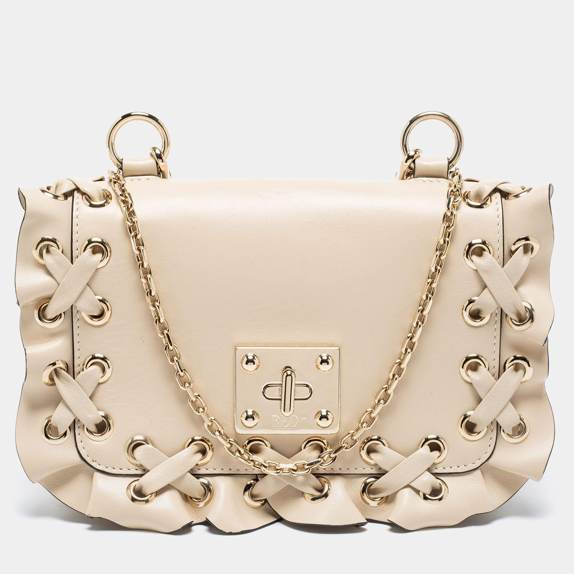 Pre Owned RED Valentino Beige Leather Ruffles Flap Shoulder Bag