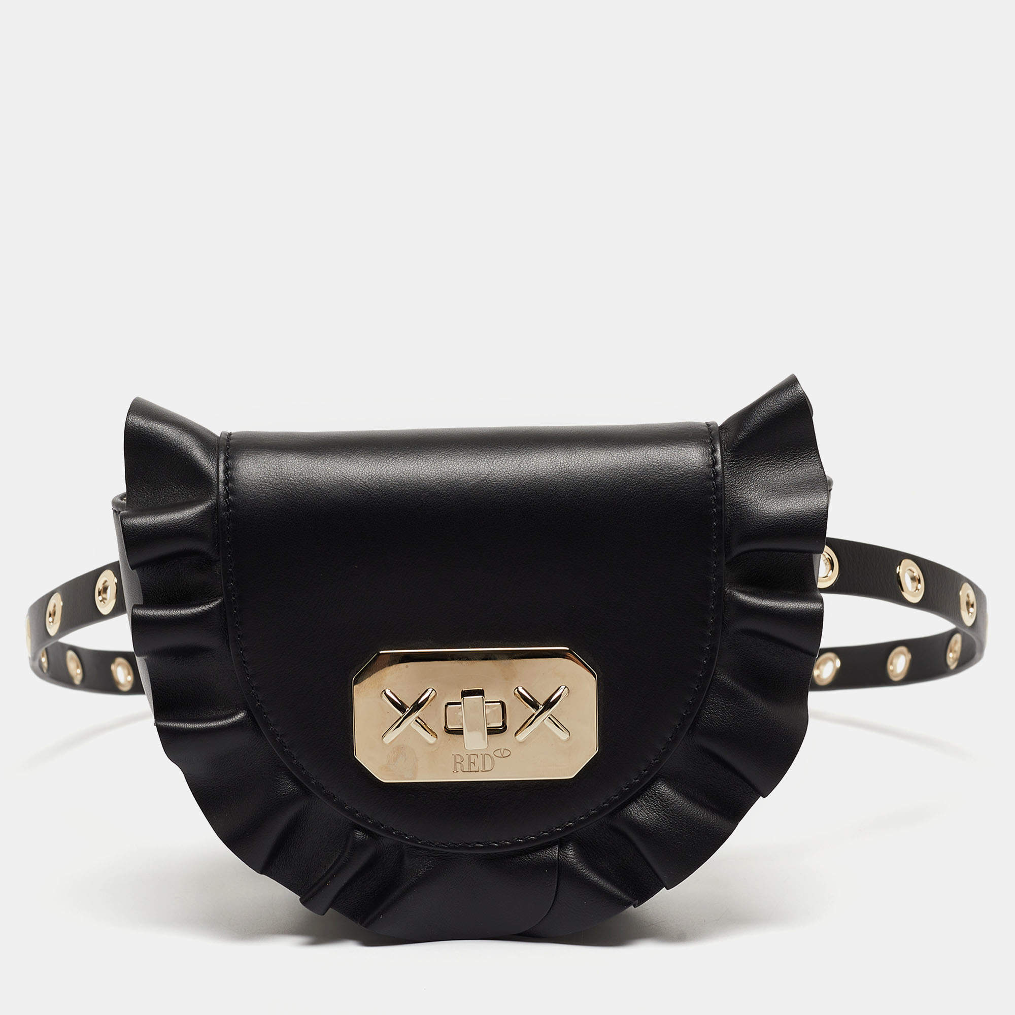 RED Valentino Black Leather Ruffle Convertible Belt Bag