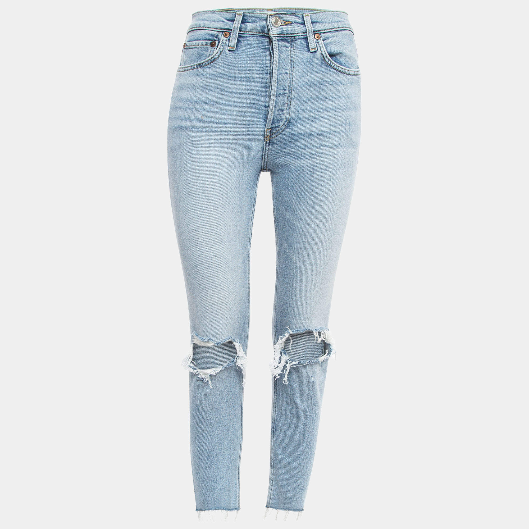 Re/Done Blue Ripped Denim Buttoned Jeans Waist 26''