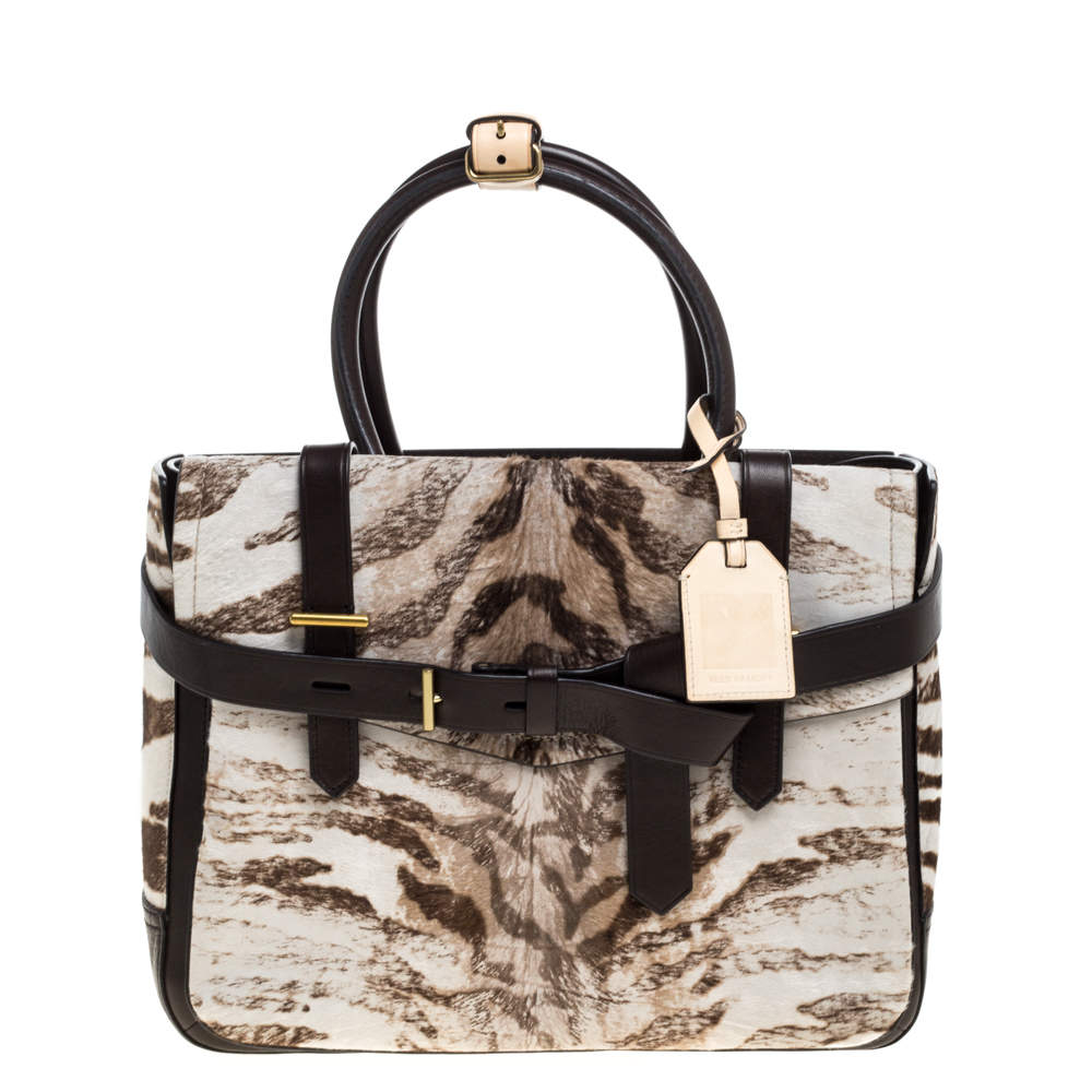 Reed Krakoff Dark Brown/Beige Zebra Print Calfhair and Leather Boxer Tote
