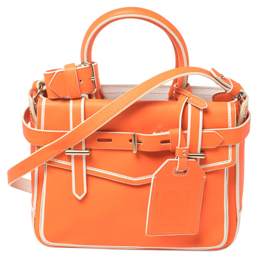 Pre Owned Reed Krakoff Neon Orange/White Leather Micro Boxer Tote