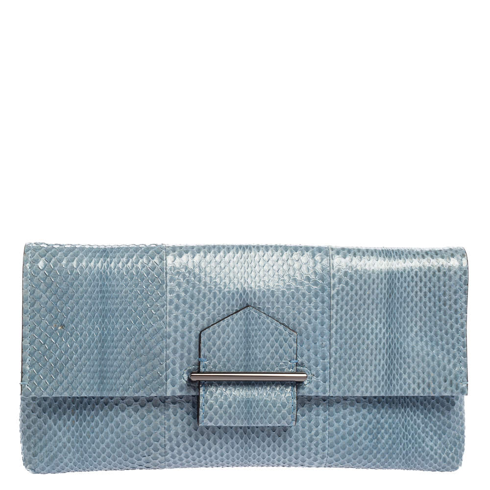 Pre Owned Reed Krakoff Light Blue Snakeskin Envelope Clutch