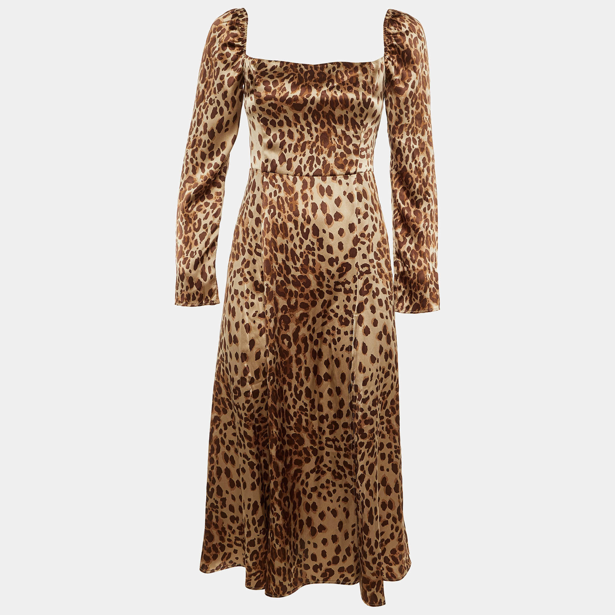Pre Owned Reformation Brown Animal Print Silk Slit Midi Dress M