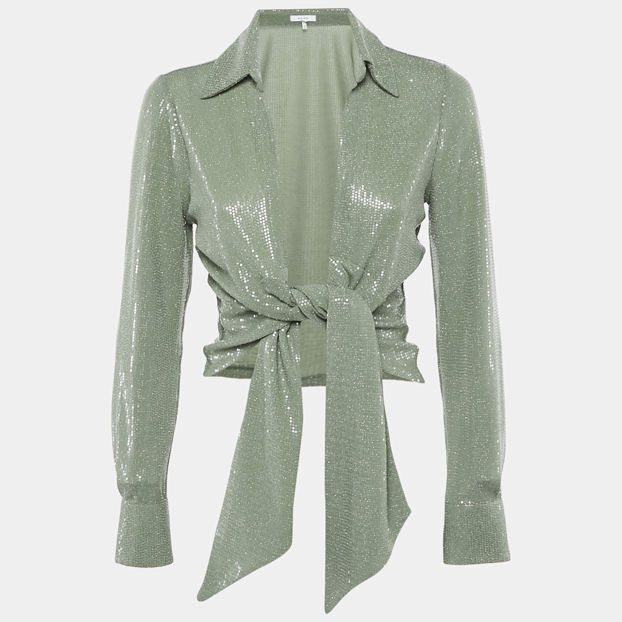 Pre Owned Reiss Green Sequin Jersey Tie-Up Detail Liana Crop Top S