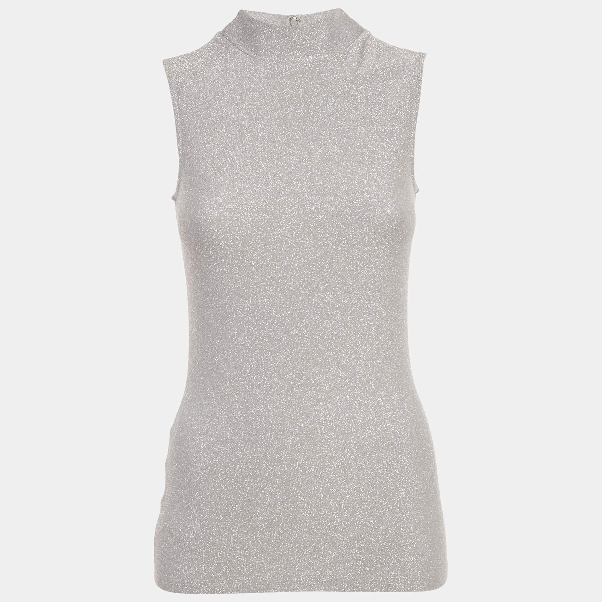 مملوكة مسبقًا Reiss Silver Lurex Knit High Neck Aries Top XS