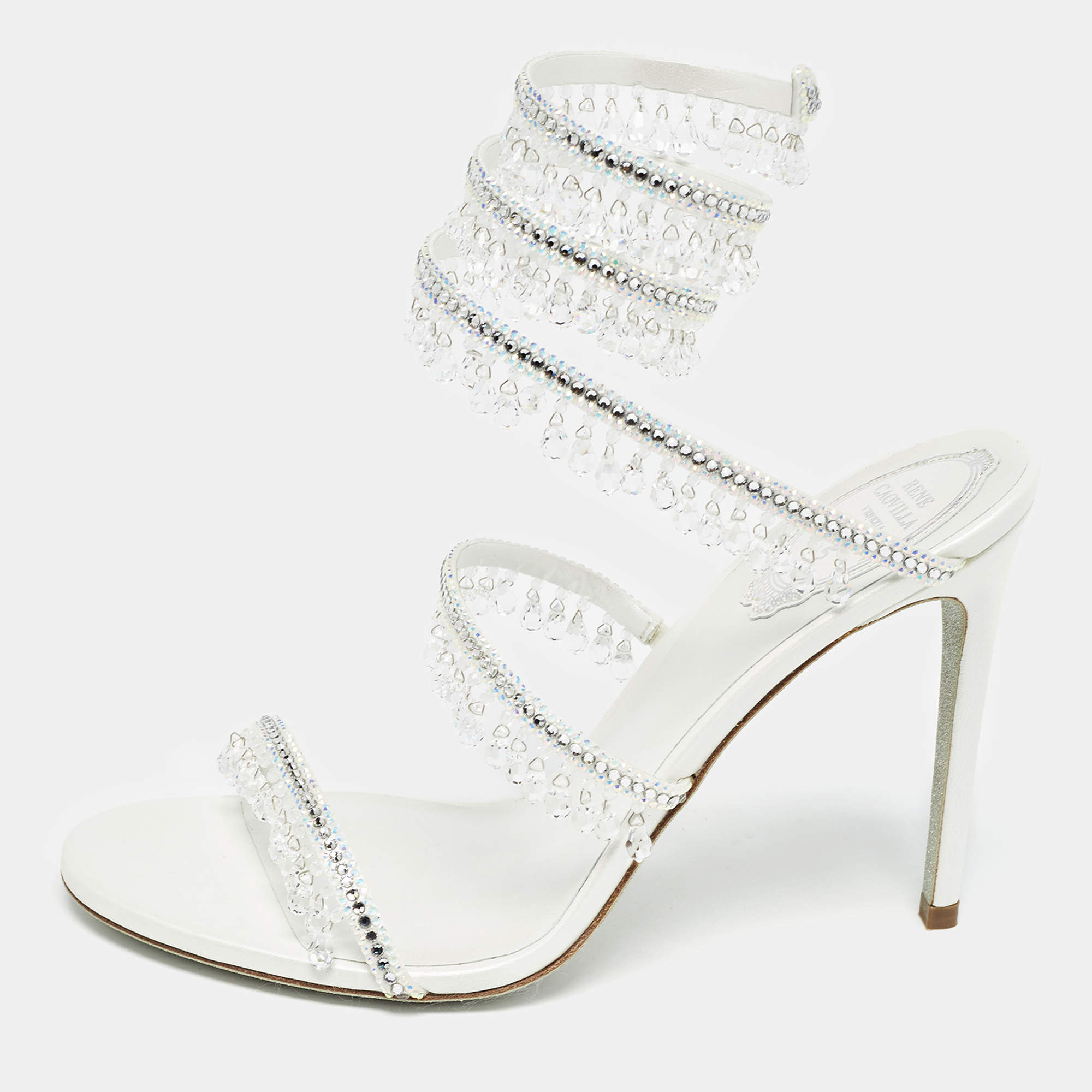 Pre Owned Rene Caovilla White Satin Crystal Embellished Chandelier Sandals Size 39