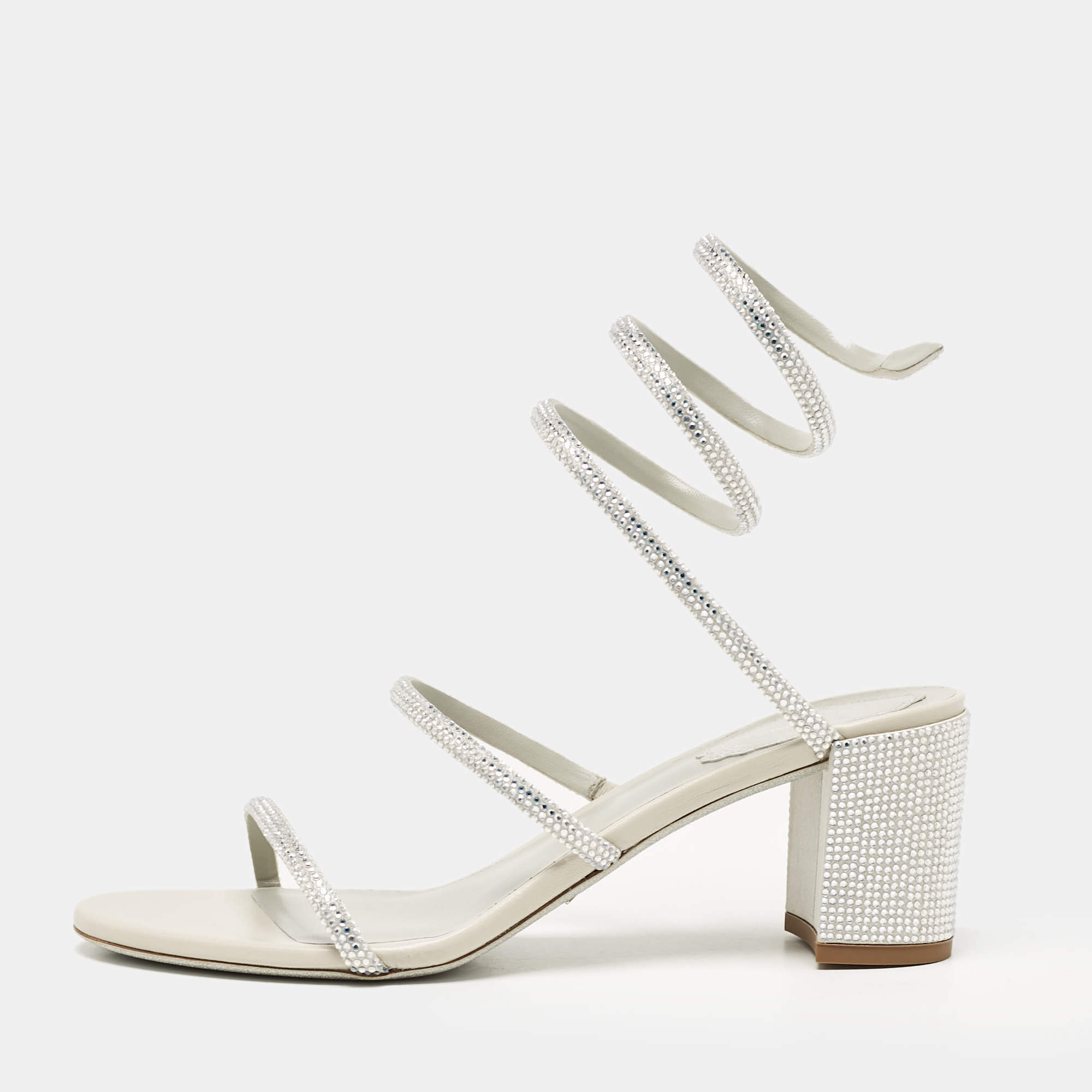 Pre Owned René Caovilla Silver Crystal Embellished Satin Cleo Sandals Size 39