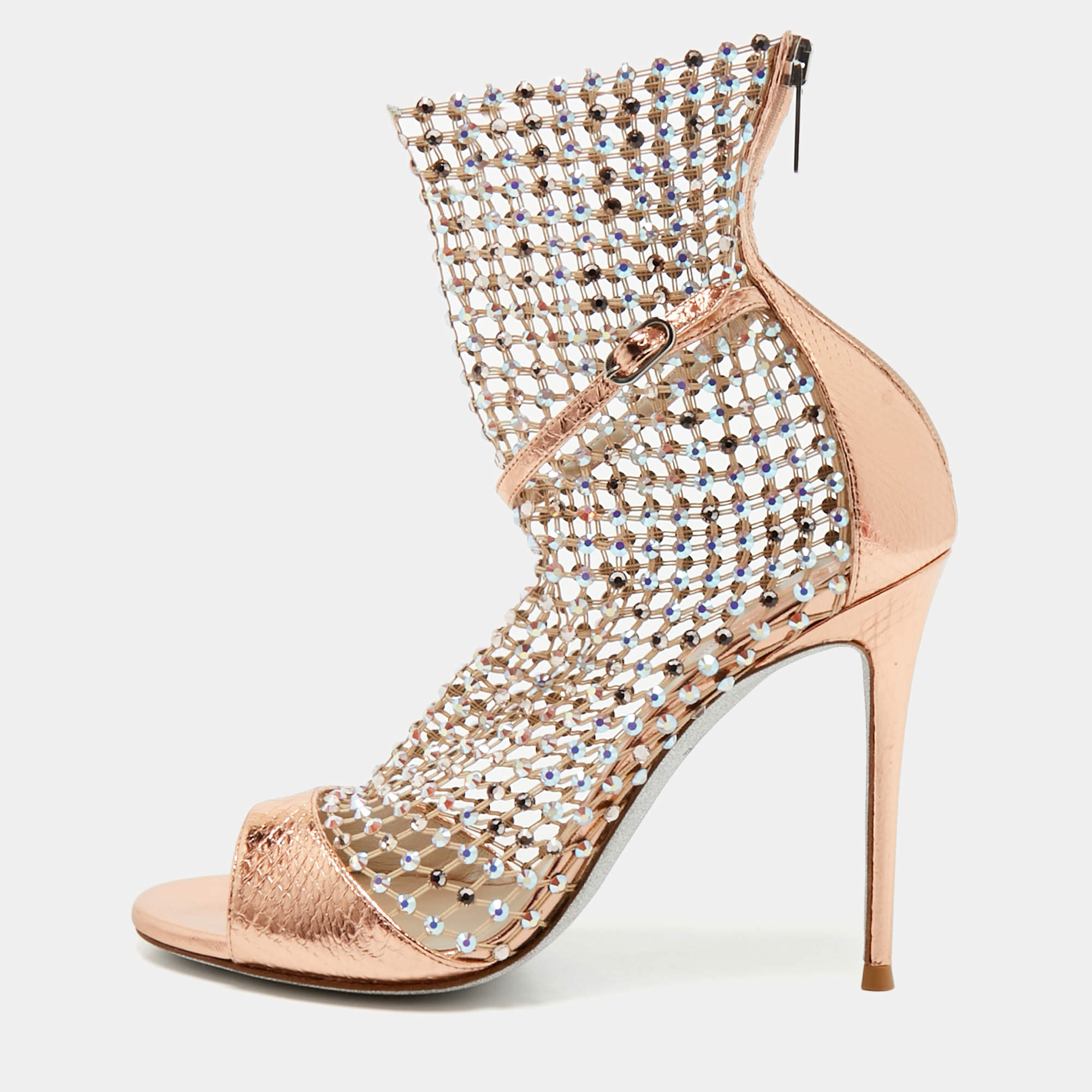 مملوكة مسبقًا Rene Caovilla Gold Snake Embossed and Mesh Crystal Embellished Galaxia Sandals Size 38