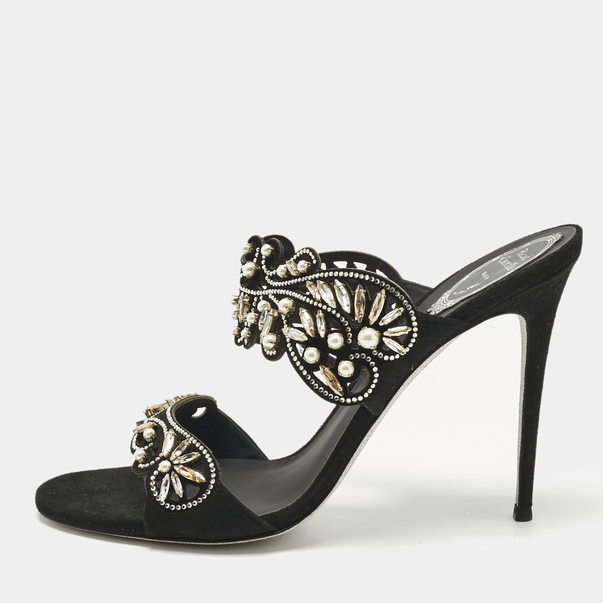 Pre Owned René Caovilla Black Suede Crystal Embellished Slide Sandals Size 41