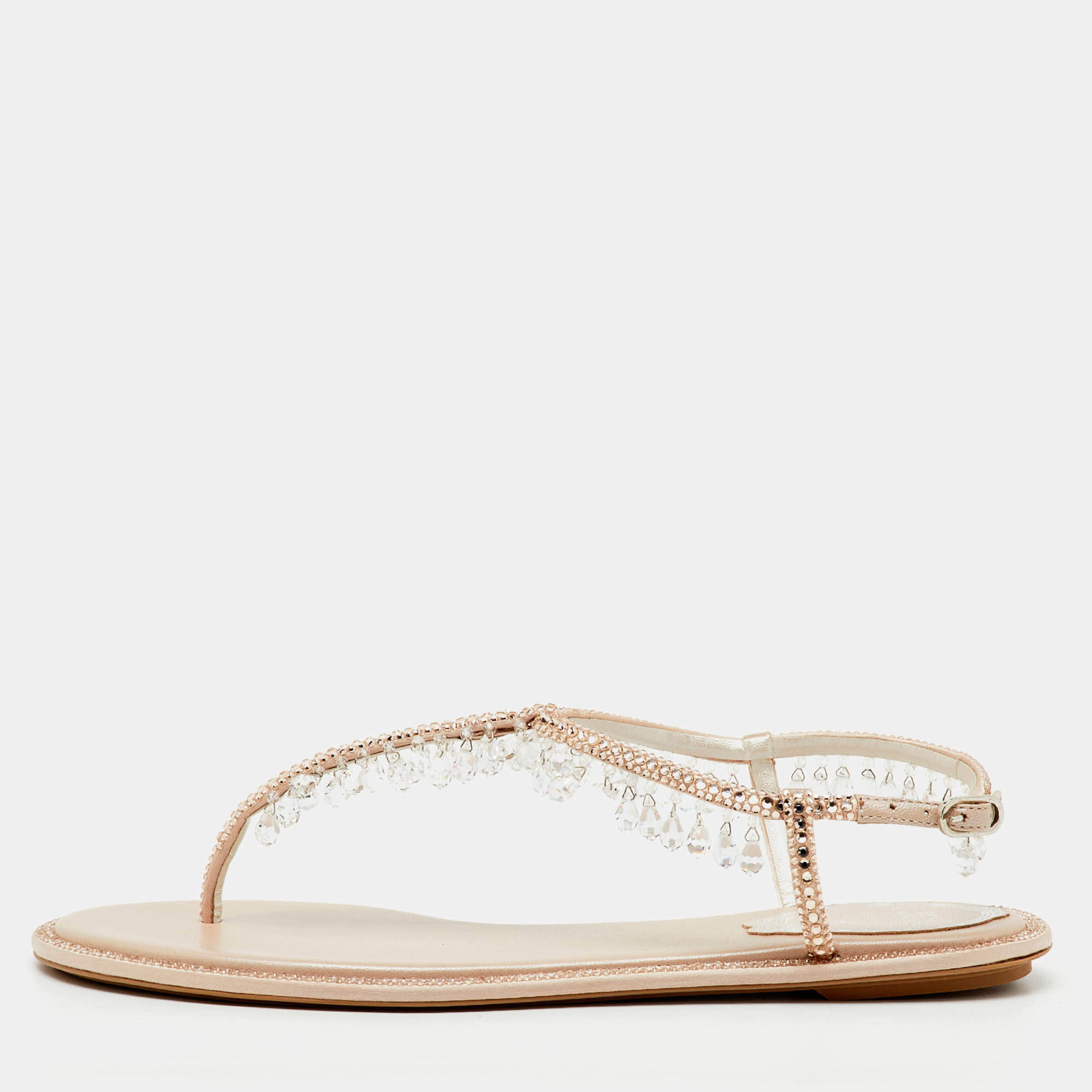 Pre Owned René Caovilla Beige Satin Crystal Chandelier Embellished T Strap Flats Size 36.5