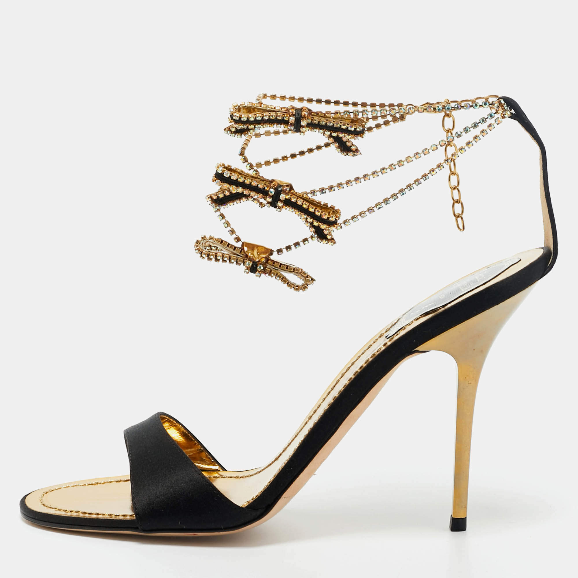 Pre Owned René Caovilla Black Satin Crystal Embellished Ankle Strap Sandals Size 39.5
