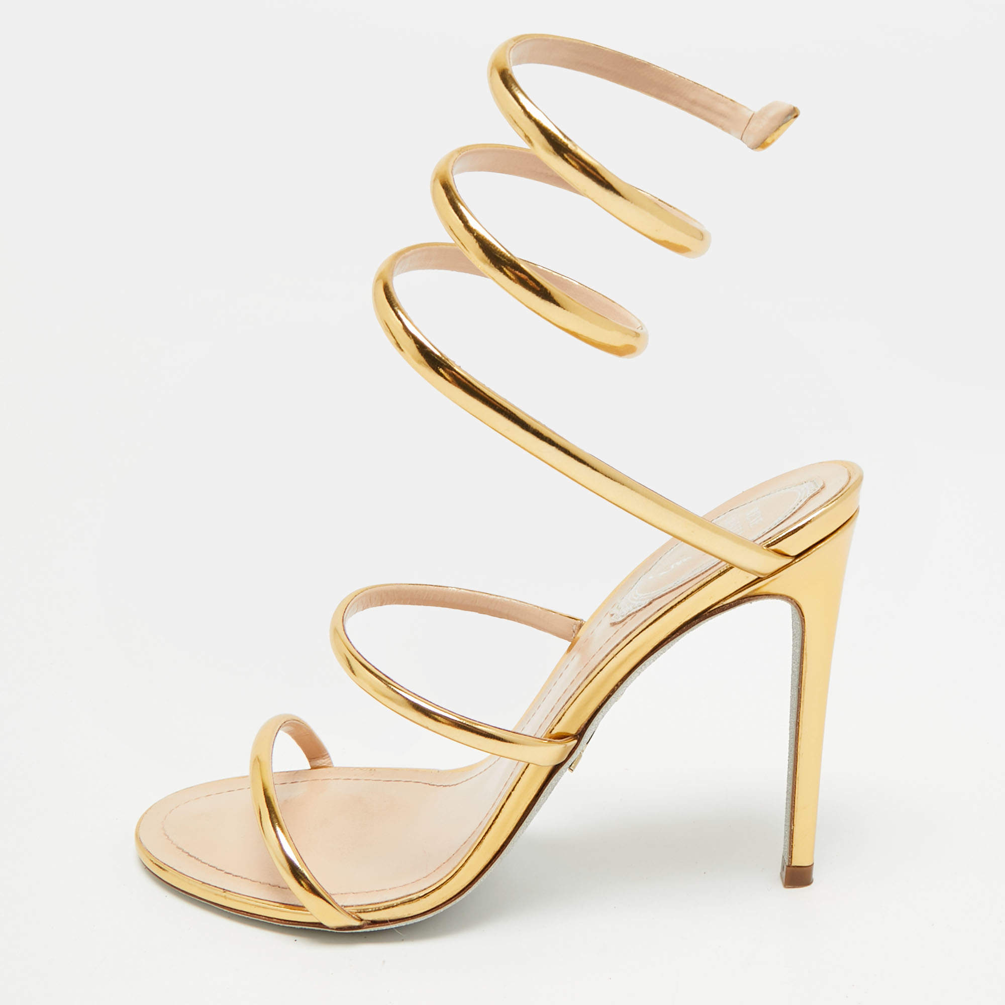مملوكة مسبقًا René Caovilla Cleo Size 37 Gold Foil Leather Ankle Wrap Sandals