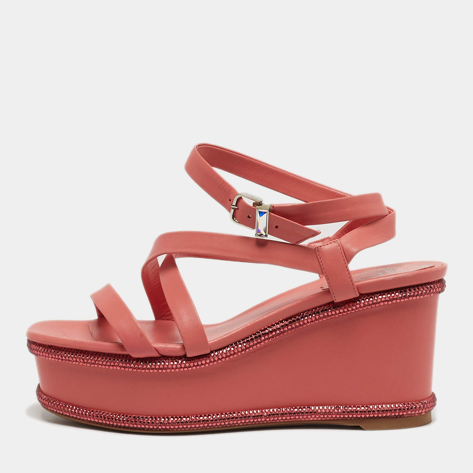 Pre Owned René Caovilla Size 37 Pink Leather Wedge Sandals