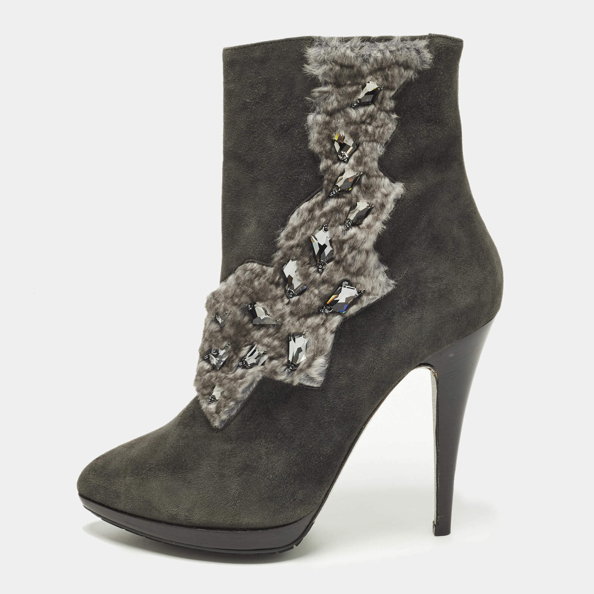 Pre Owned René Caovilla Size 40 Grey Fur And Suede Ankle Boots