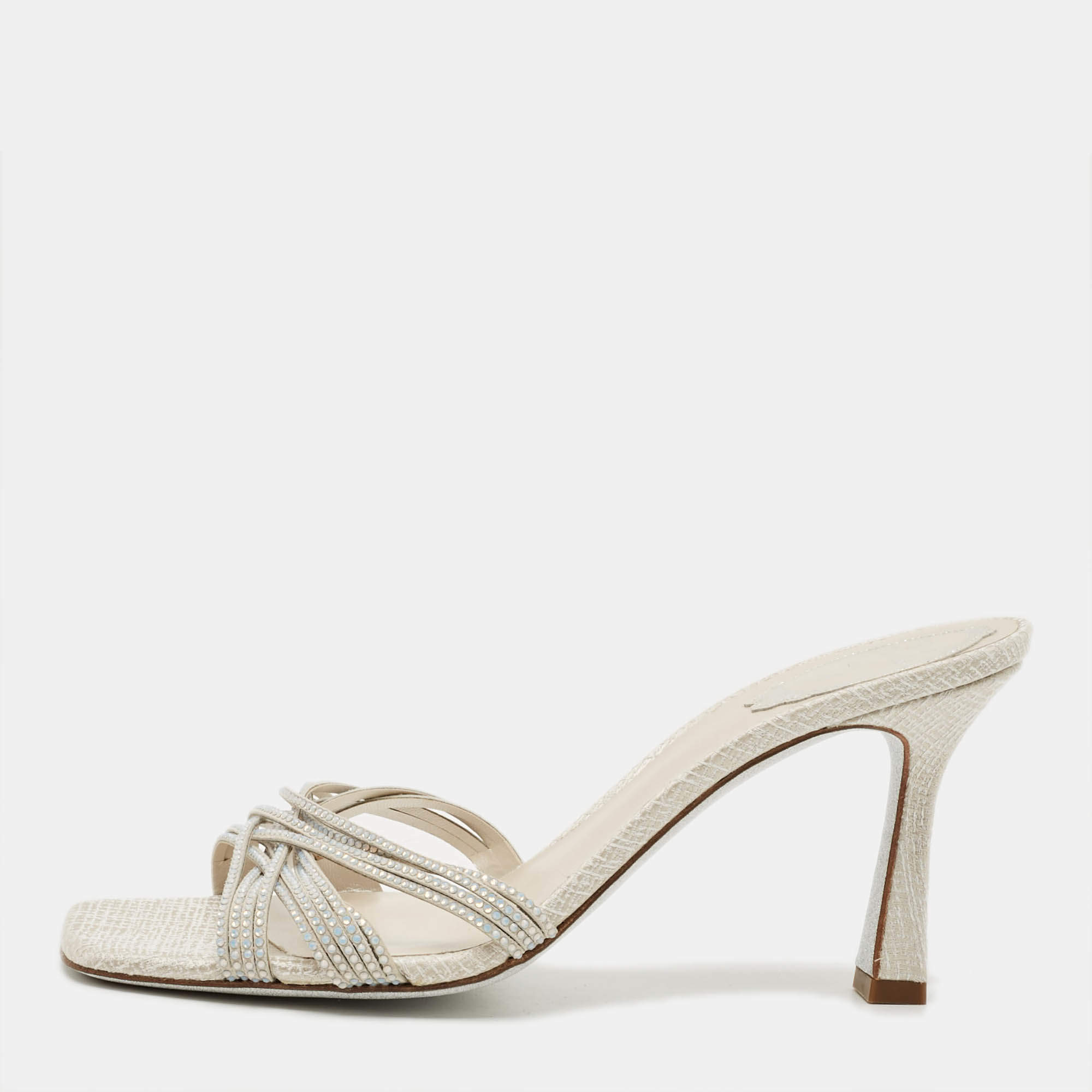 Pre Owned René Caovilla Opal Strass Size 39 Cream Fabric Suede Crystal Embellished Slide Sandals