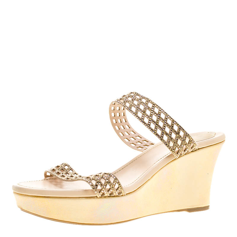 René Caovilla Beige Crystal Embellished Laser Cut Suede Wedge Slides