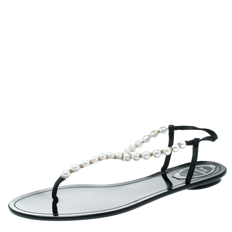 مملوكة مسبقًا René Caovilla Faux Pearl Embellished Flat Thong Sandals Size 41