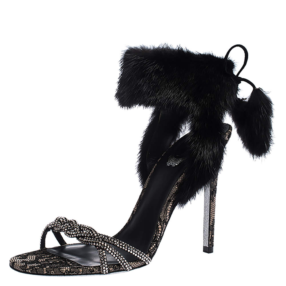 Pre Owned René Caovilla Black Fur And Crystal Embellished Ankle Cuff Sandals Size 39