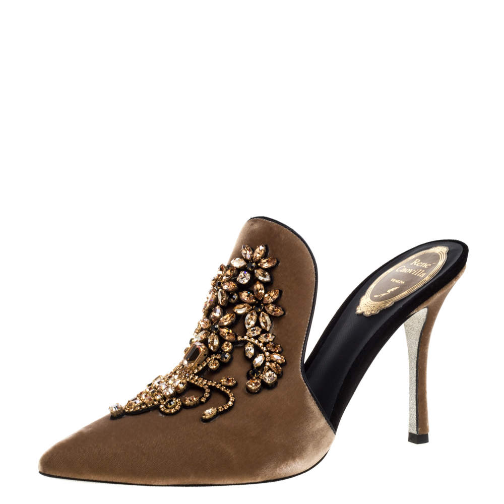 Pre Owned حذاء مولز رينيه كوفيلا سلايد زخرفة جوهرة قطيفة بنى مقاس 38