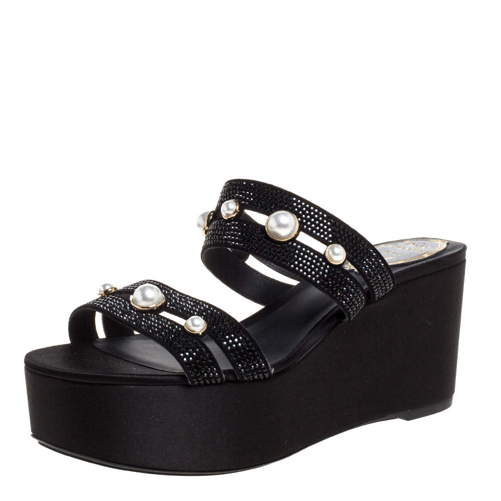 René Caovilla Black Crystal Embellished Suede Leather Lucia Wedge Platform Sandals Size 37