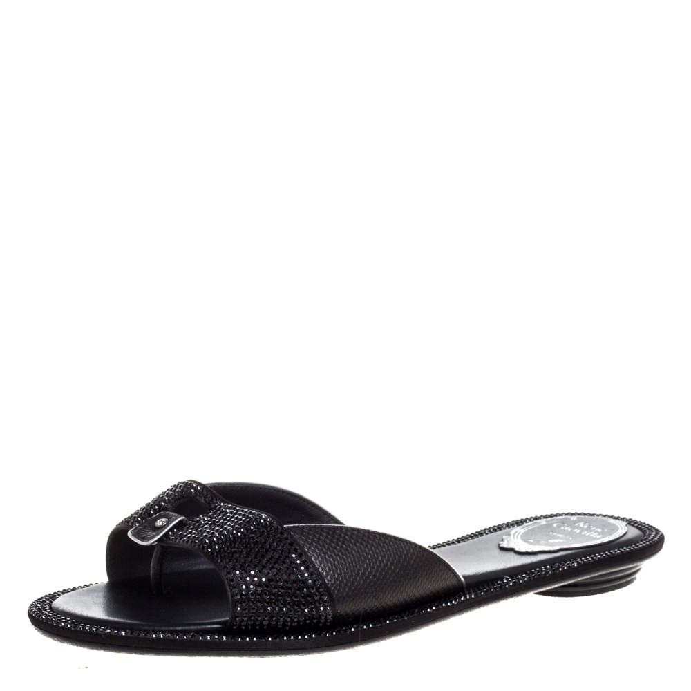 René Caovilla Black Satin And Lizard Embossed Leather Flat Slides Size 38