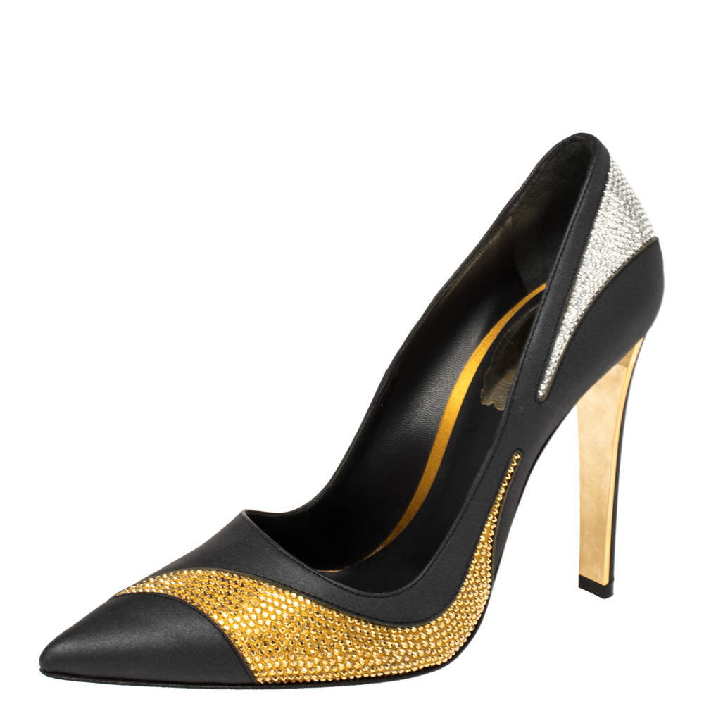 René Caovilla Black Satin And Leather Crystal Embellished Pumps Size 38