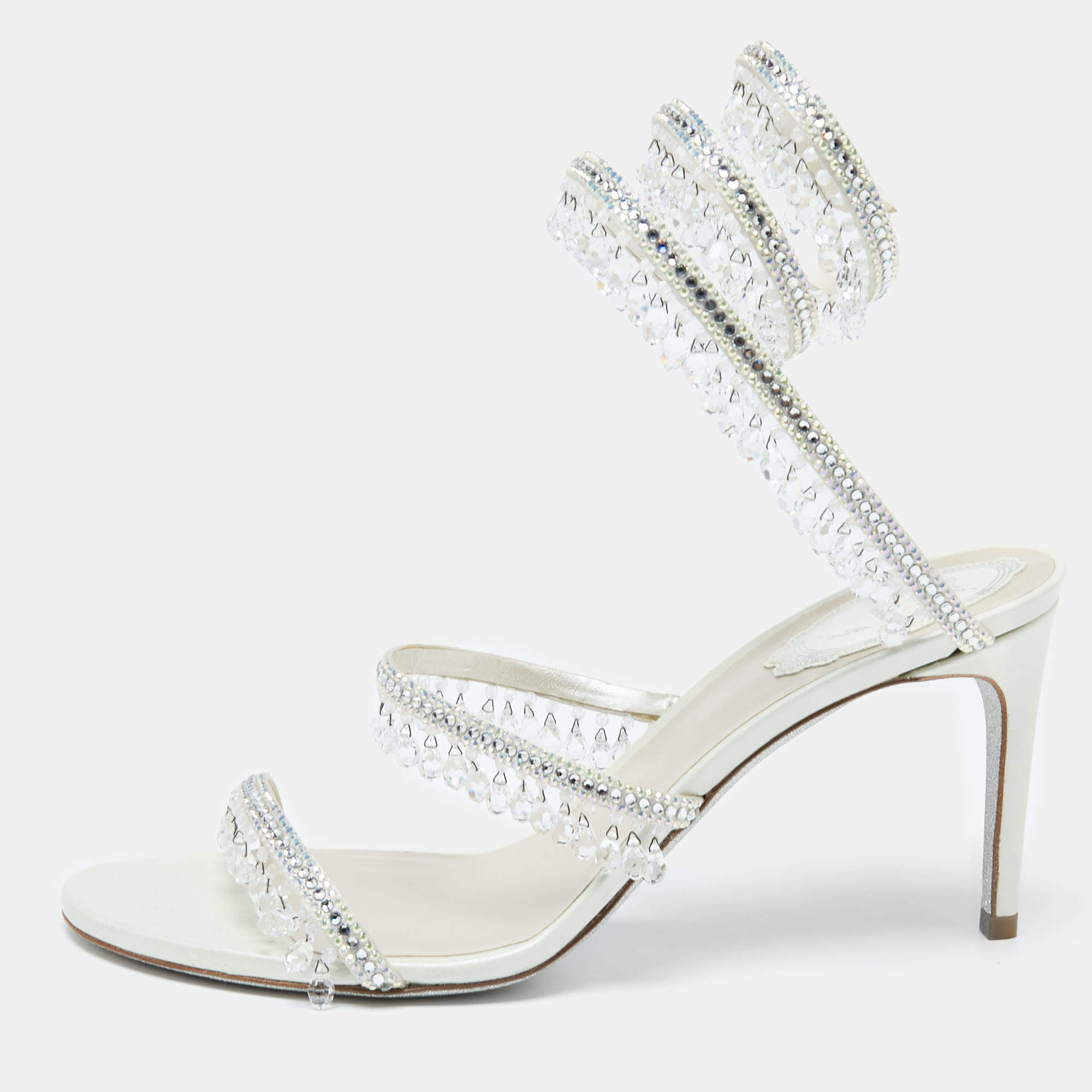 Pre Owned Rene Caovilla White Leather Crystal Embellished Chandelier Ankle Wrap Sandals Size 38.5