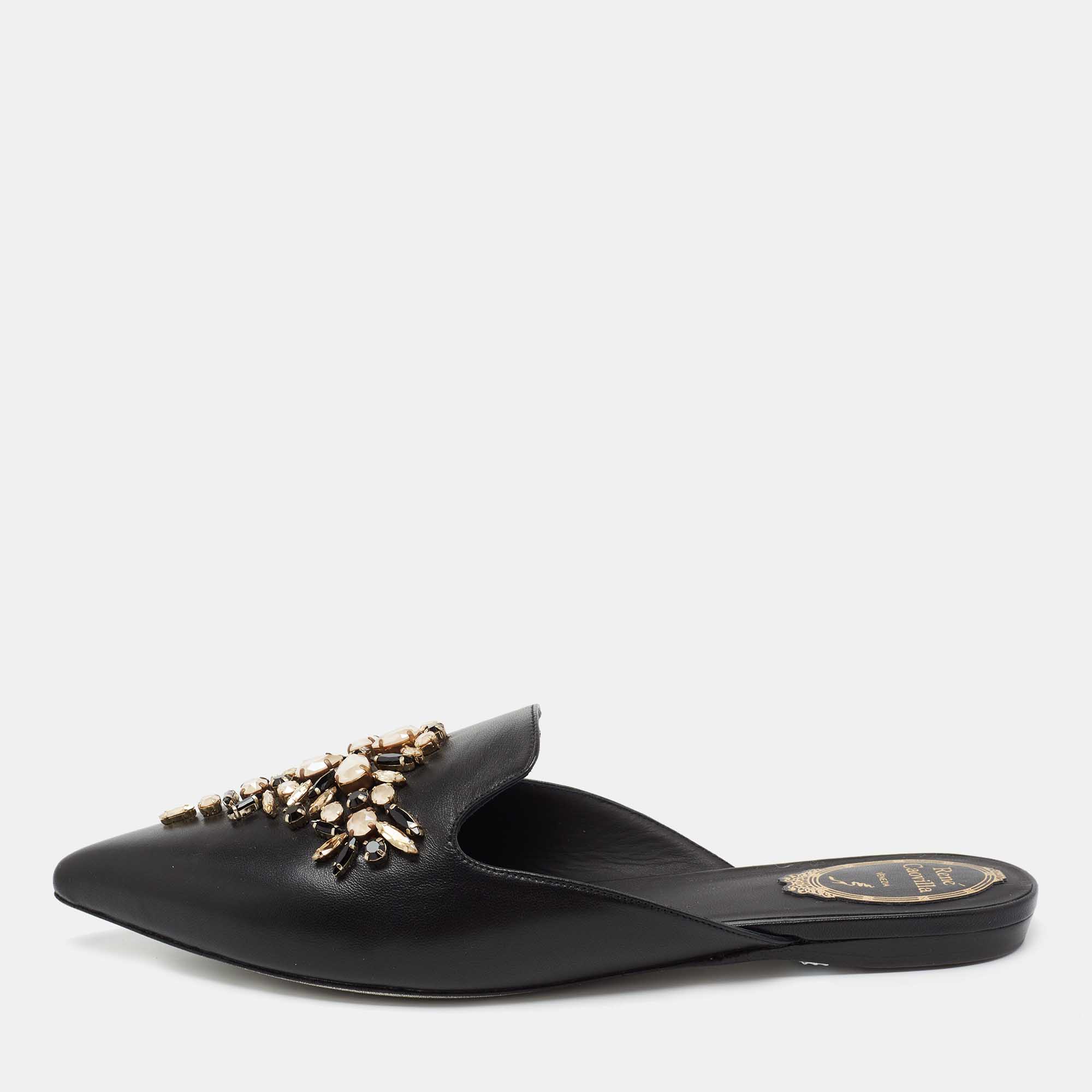Rene Caovilla Black Leather Crystal Embellished Pointed Toe Flat Mules Size 39.5