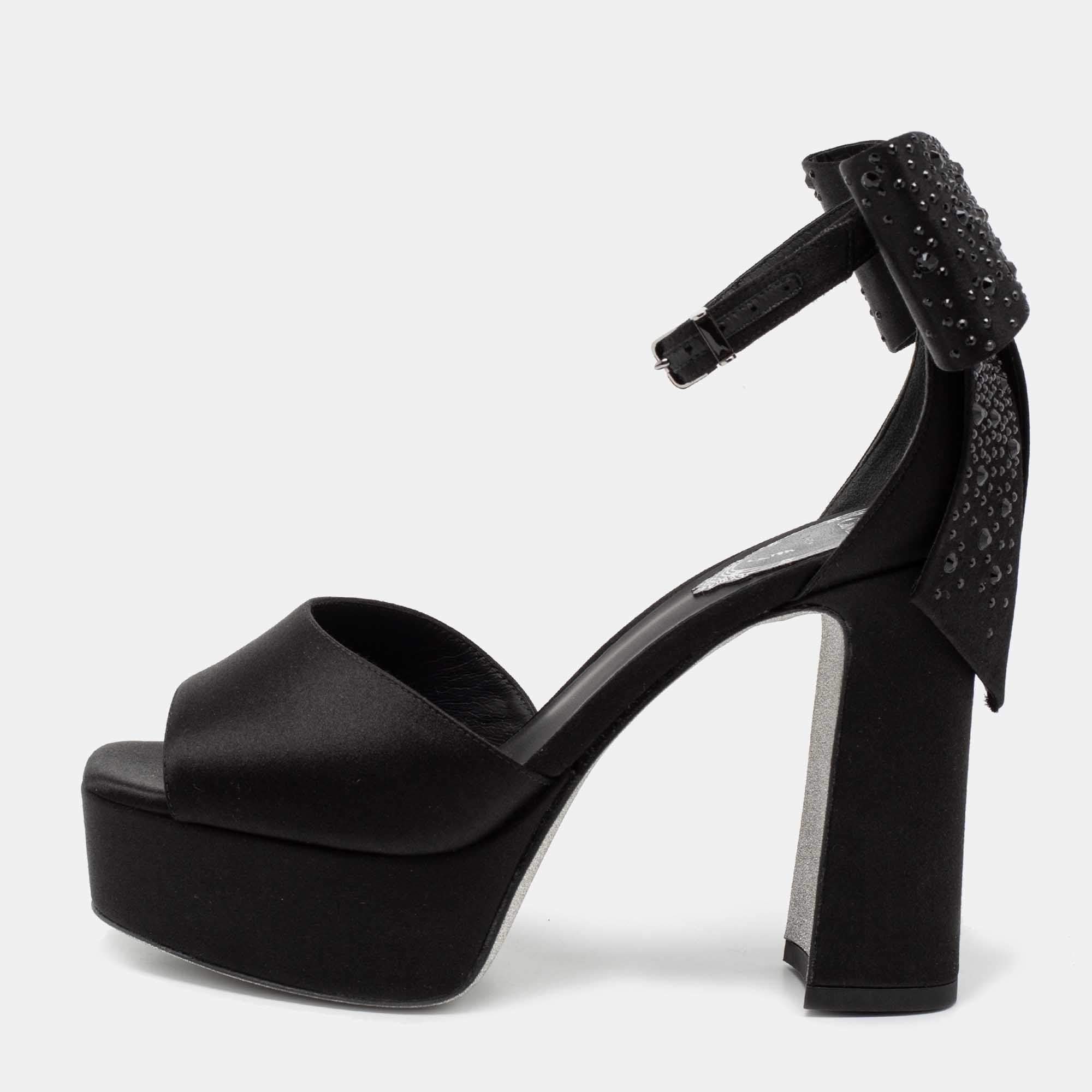 Pre Owned René Caovilla Black Satin Bow Detail Ankle Strap Block Heel Sandals Size 36