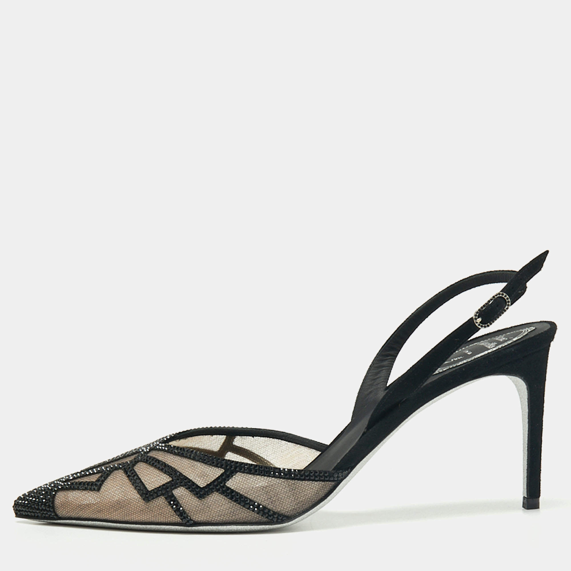 Pre Owned René Caovilla Black Suede And Mesh Nadine Embellishment Slingback Sandals Size 41