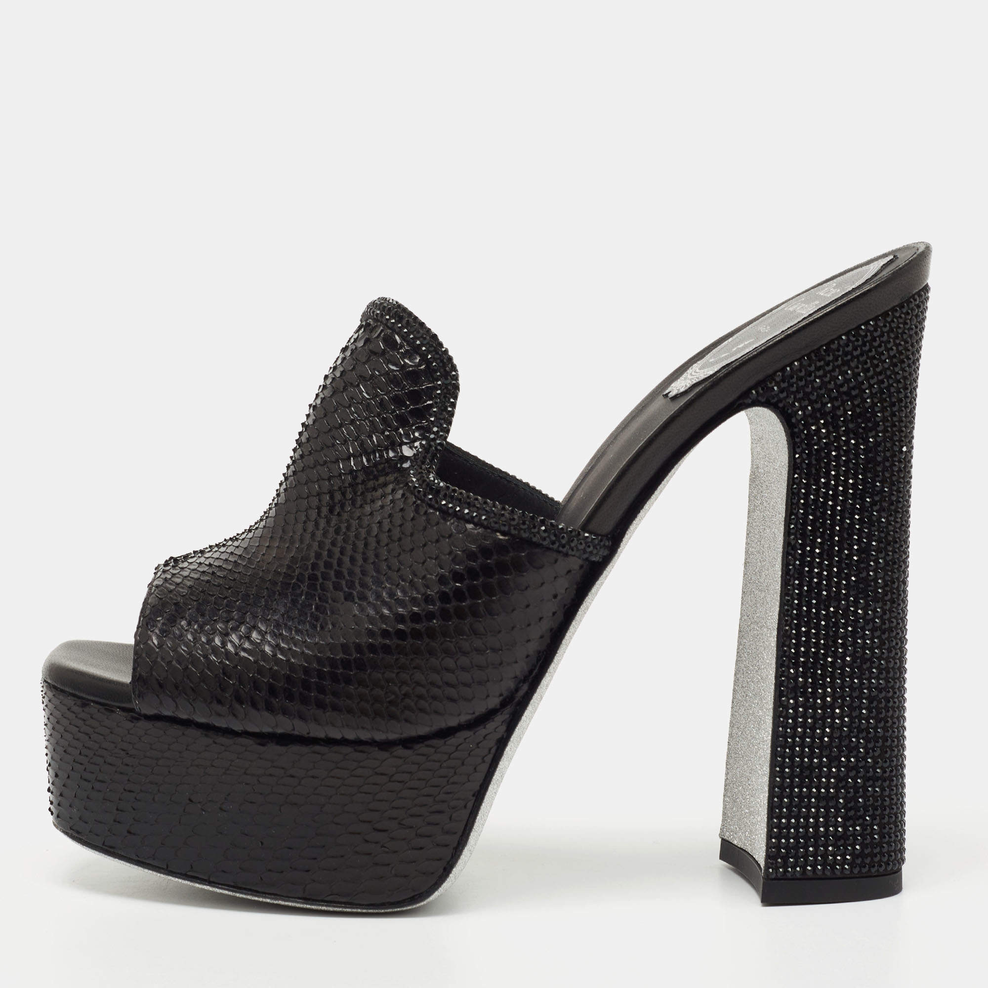 Rene Caovilla Black Snakeskin Leather and Crystal Mule Sandals Size 39