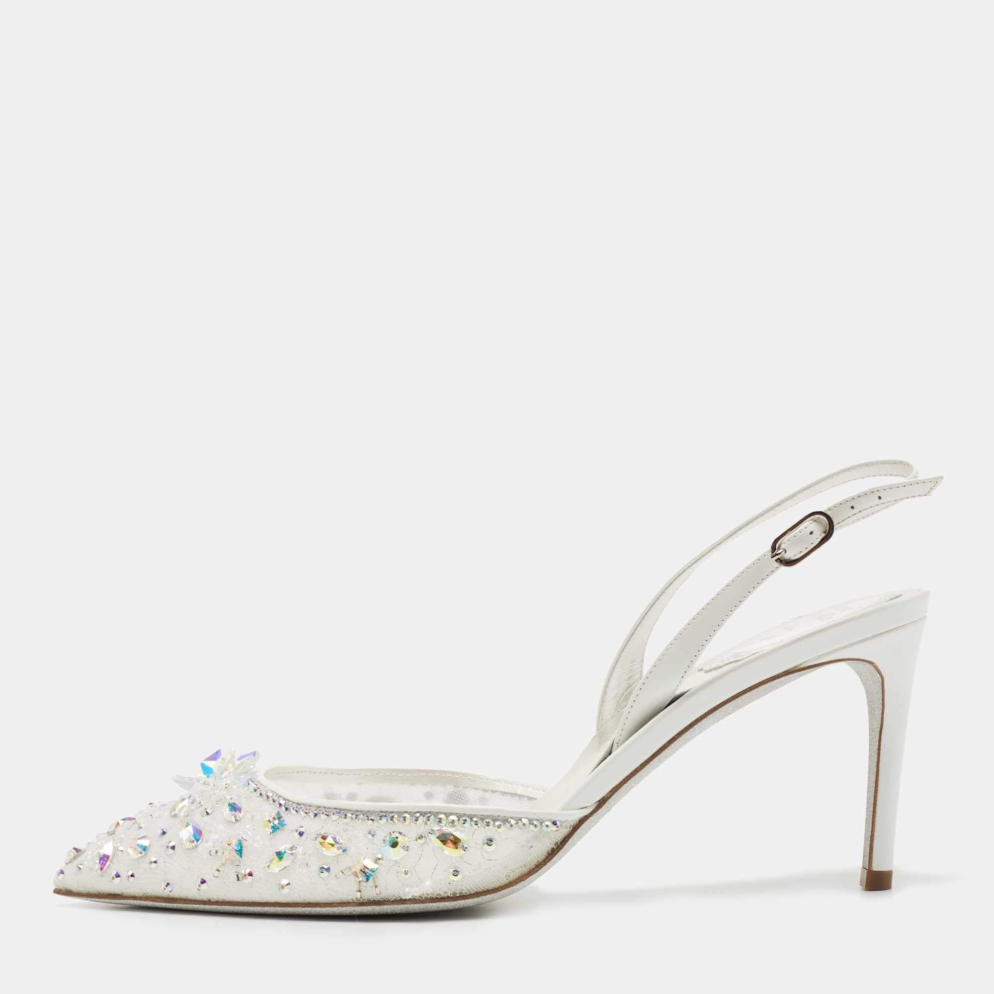 مملوكة مسبقًا René Caovilla White Crystal Embellished Lace Cinderella Slingback Pumps Size 40