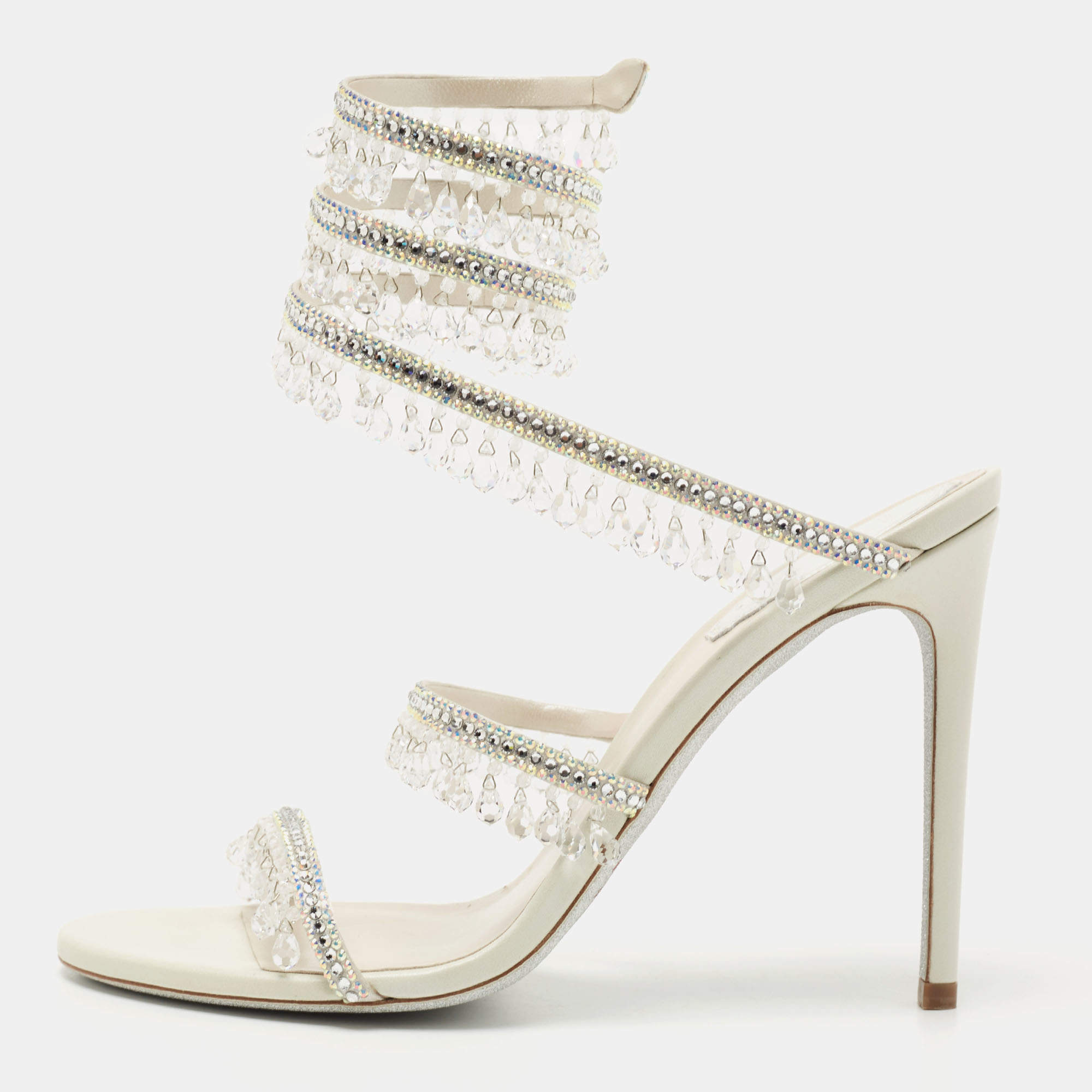 Rene Caovilla White Leather Crystal Embellished Chandelier Ankle Wrap Sandals Size 38