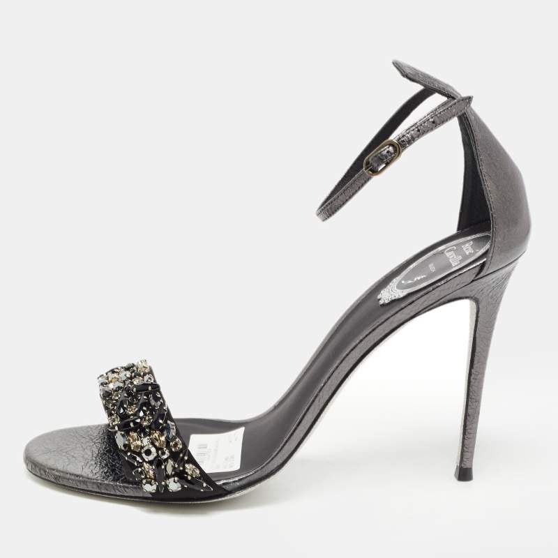 Pre Owned René Caovilla Grey Leather Crystal Embellished Ankle Strap Sandals Size 40
