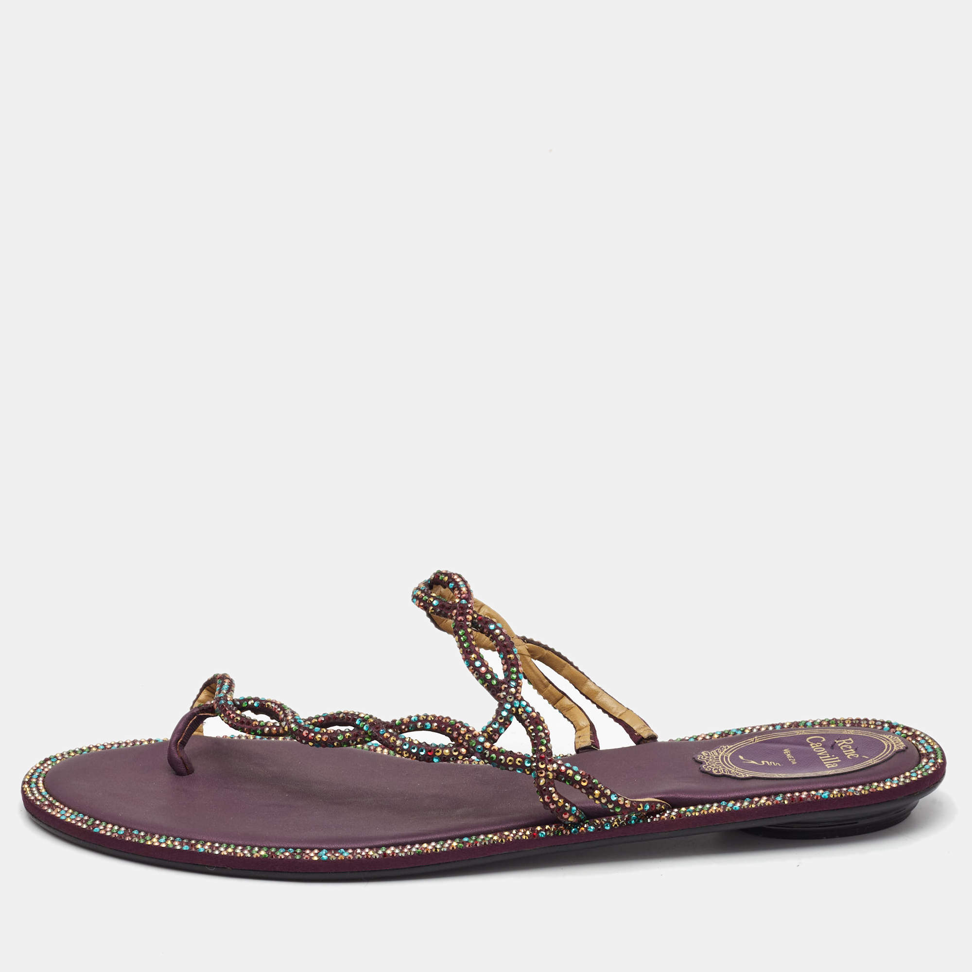 Pre Owned Rene Caovilla Purple/Multicolor Crystal Embellished Satin Toe Ring Flats Size 41