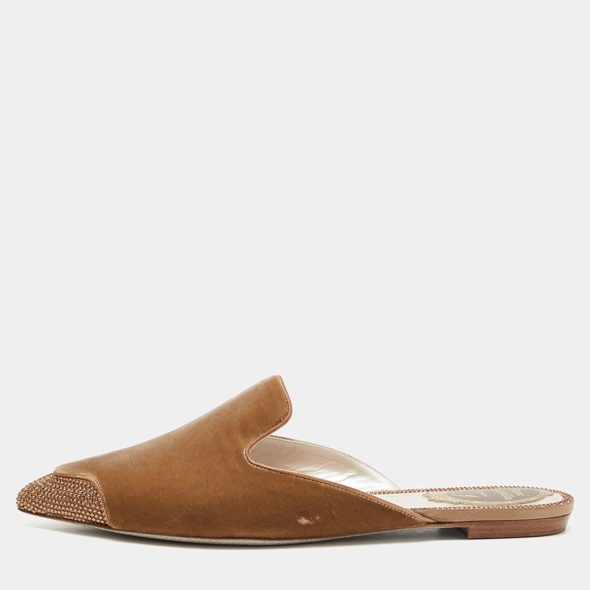 مملوكة مسبقًا René Caovilla Brown Satin and Crystal Embellished Mules Size 38