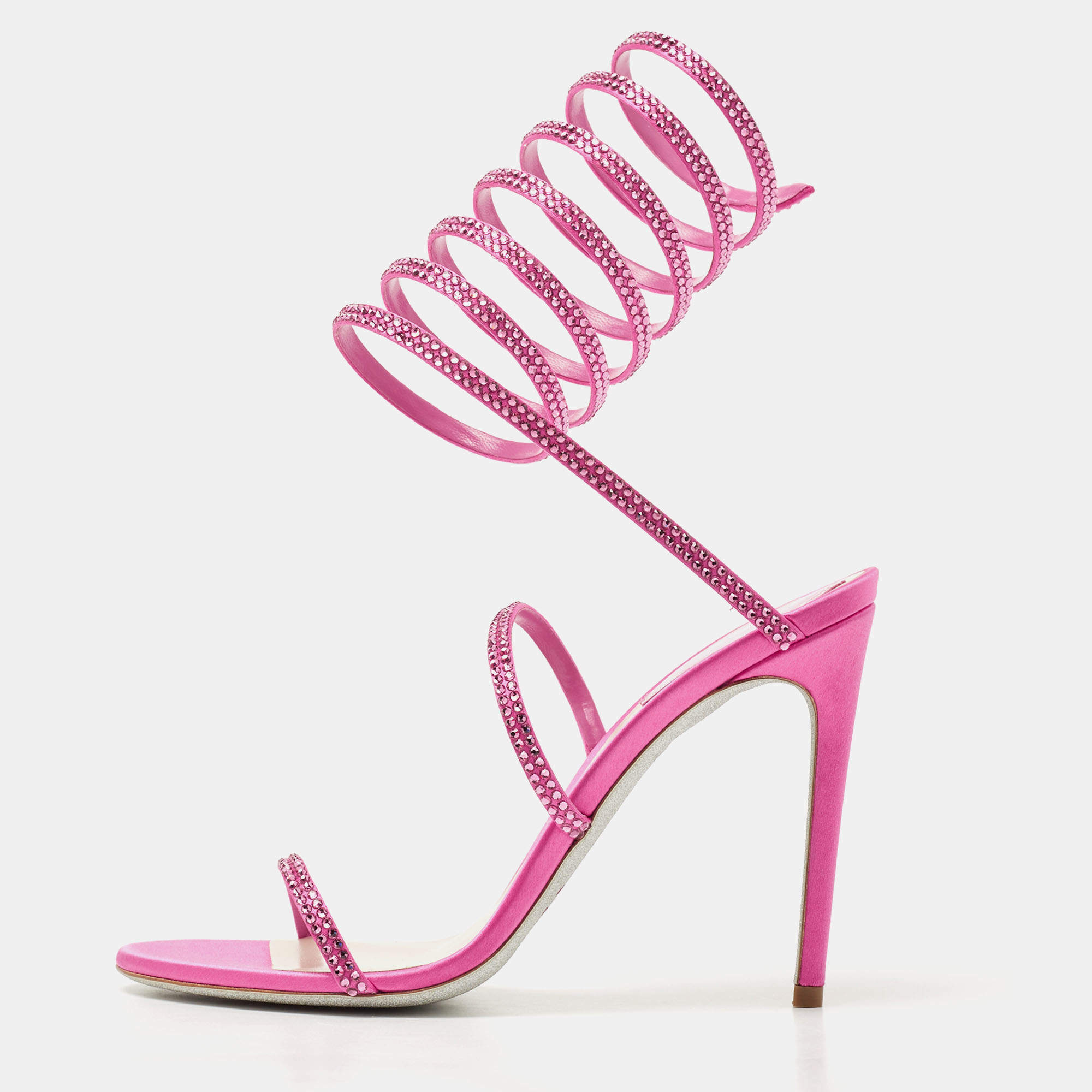 Pre Owned René Caovilla Pink Satin Cleo Crystal Embellished Sandals Size 38.5