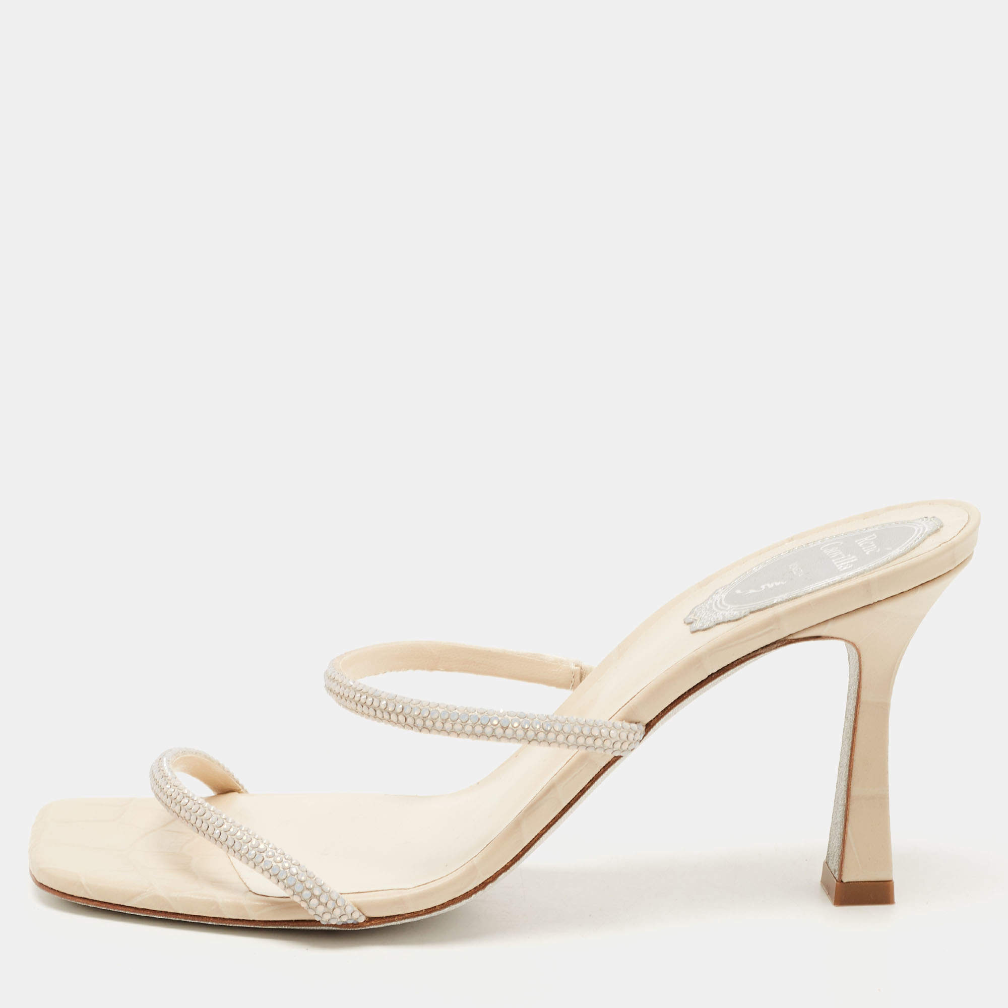 مملوكة مسبقًا René Caovilla Cream Croc Embossed Leather Crystal Embellished Slide Sandals Size 38