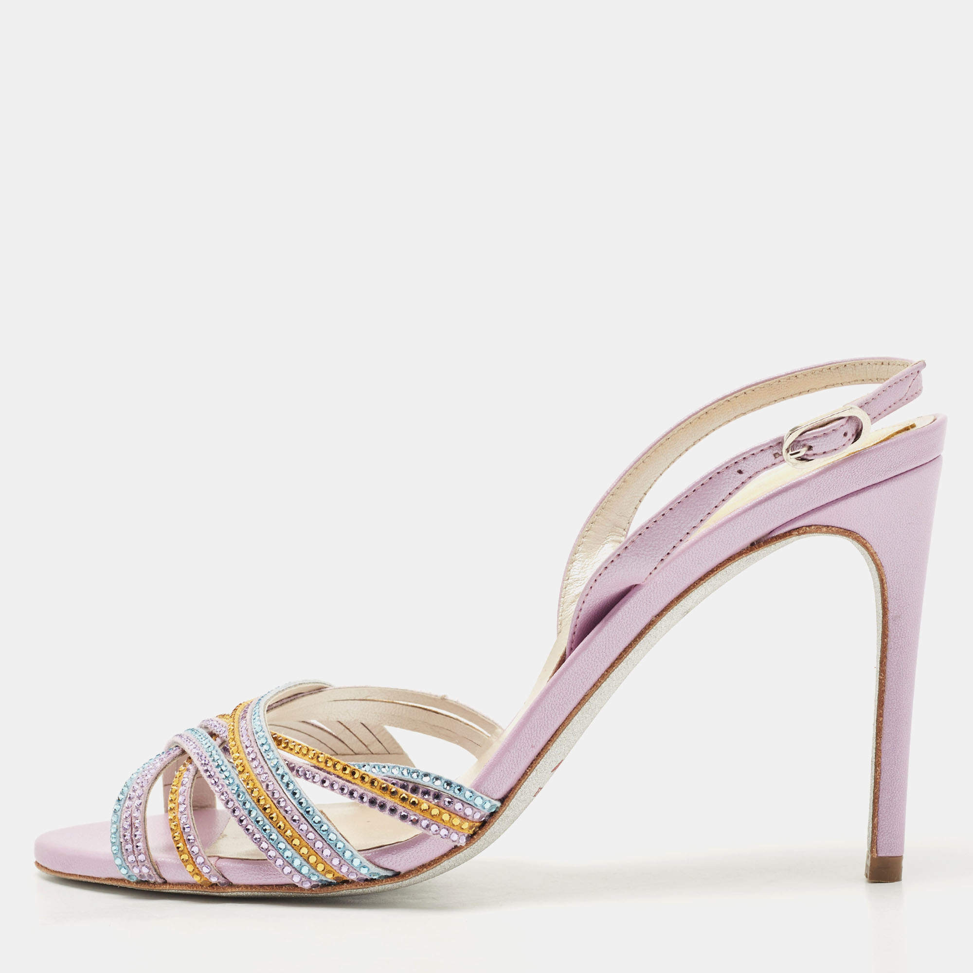 Pre Owned René Caovilla Multicolor Crystal Embellished Leather Vida Ankle Strap Sandals Size 36