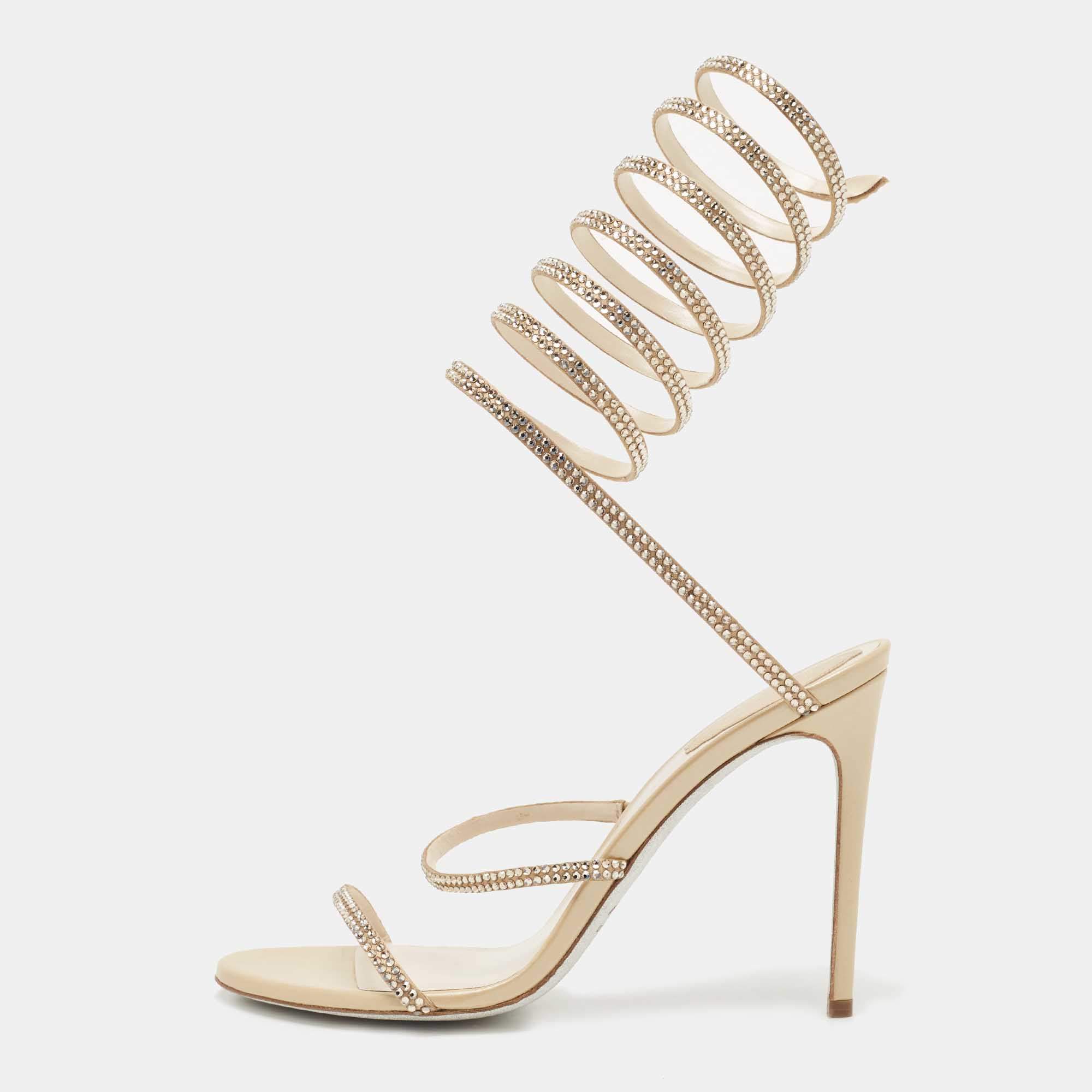 Pre Owned René Caovilla Metallic Beige Satin Crystal Embellished Cleo Ankle Wrap Sandals Size 40