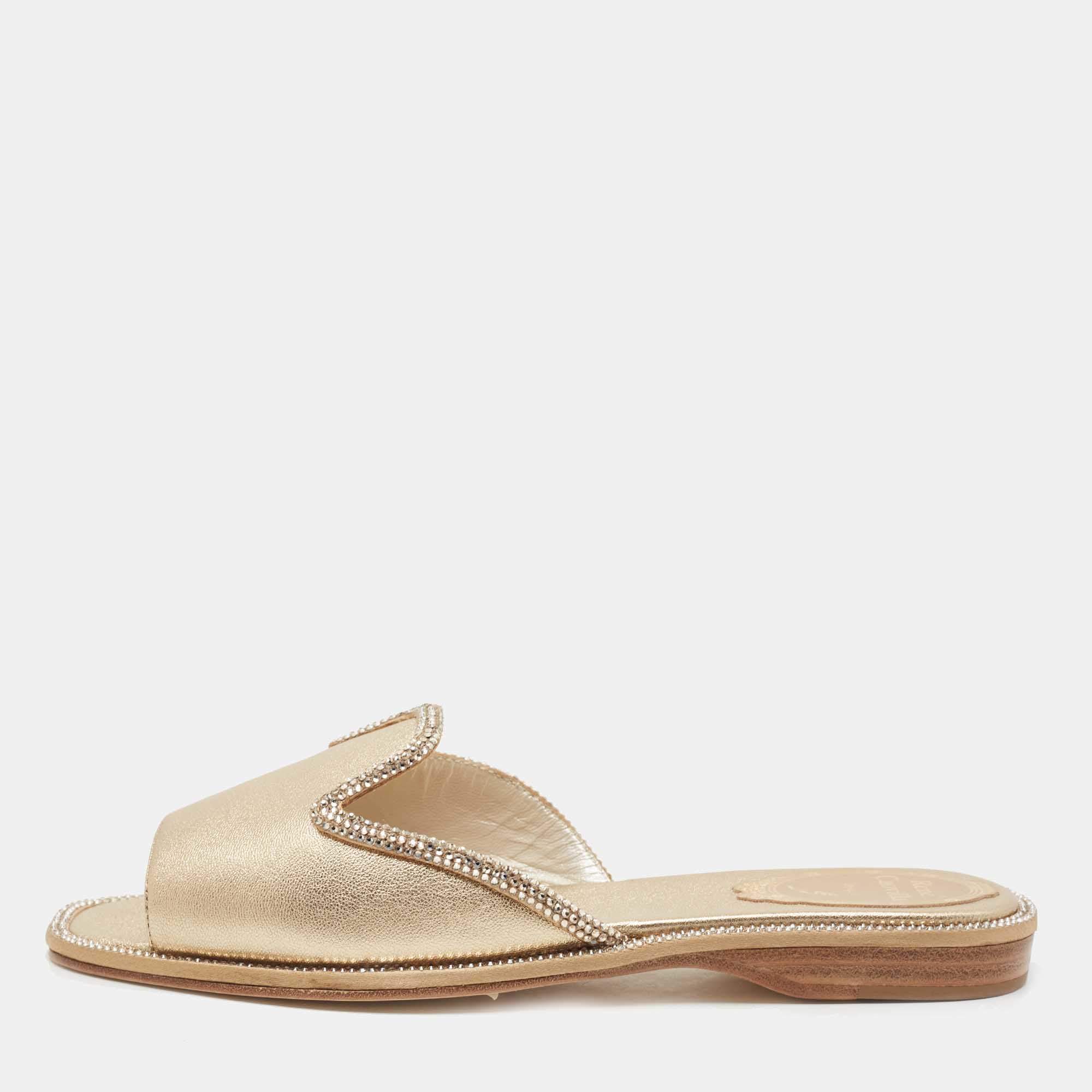 René Caovilla Metallic Gold Leather Mules Size 36