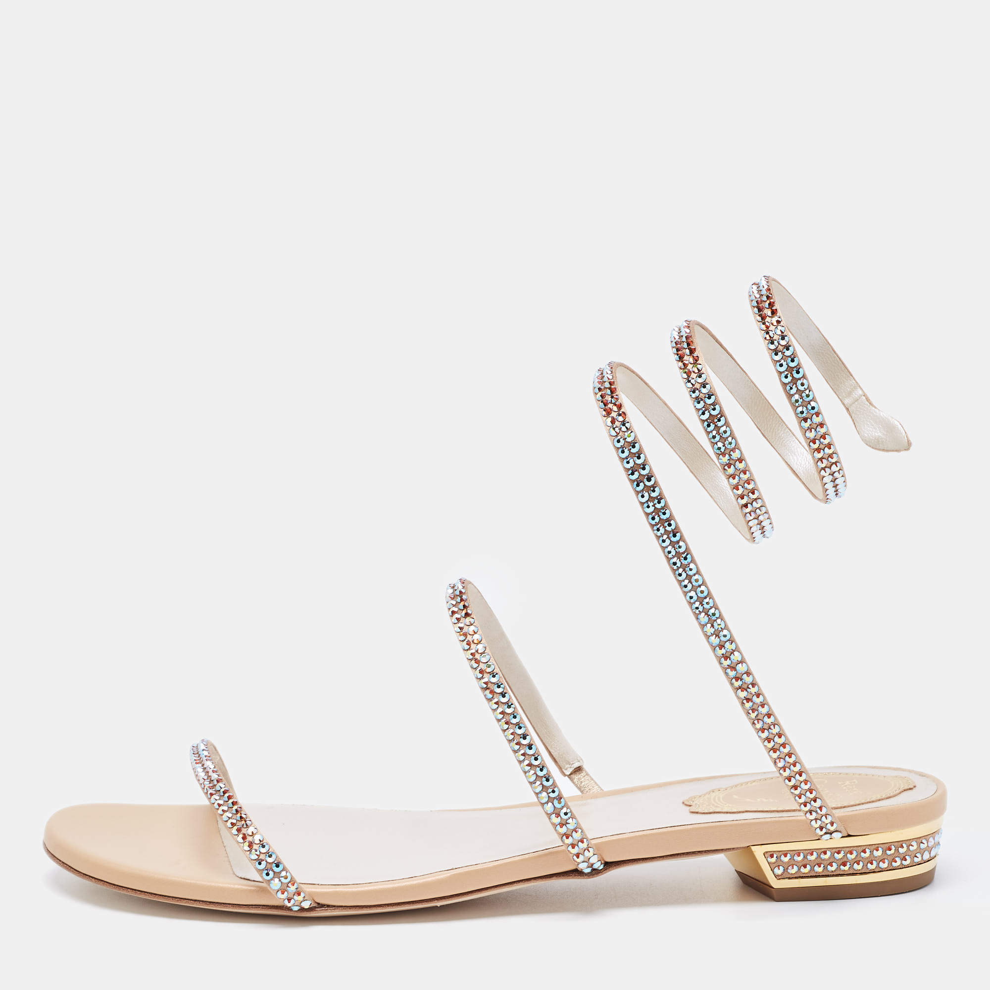 Pre Owned René Caovilla Metallic Gold Crystal Embellished Ankle Wrap Sandals Size 38