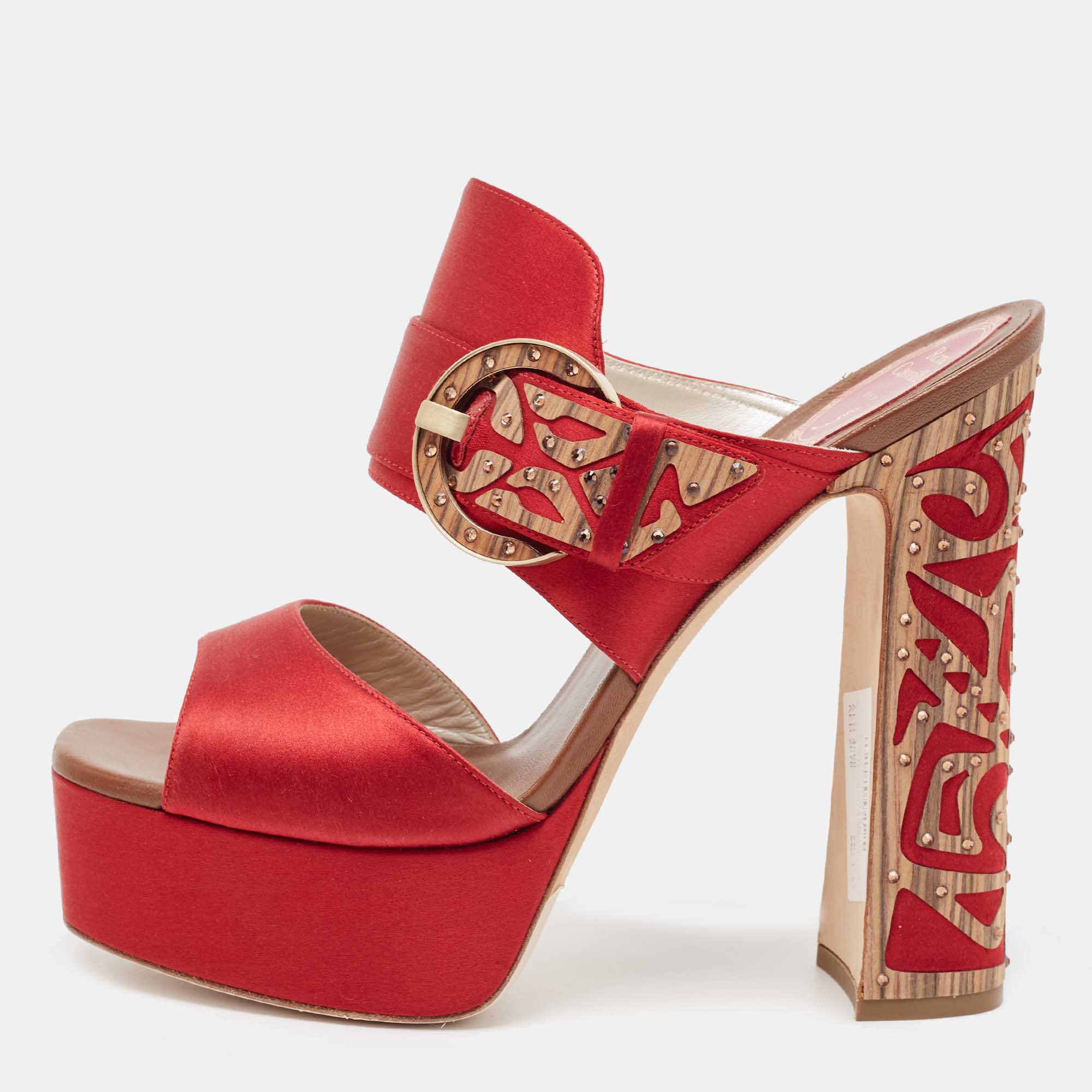 Pre Owned René Caovilla Red Satin Embellished Buckle Platform Sandals Size 41