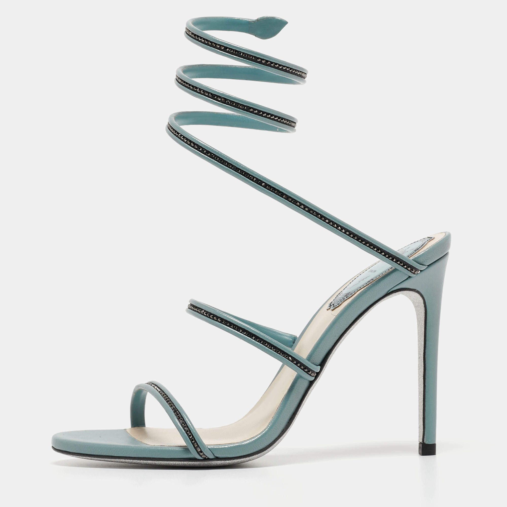 Pre Owned Rene Caovilla Blue Crystal Embellished Leather Cleo Sandals Size 36