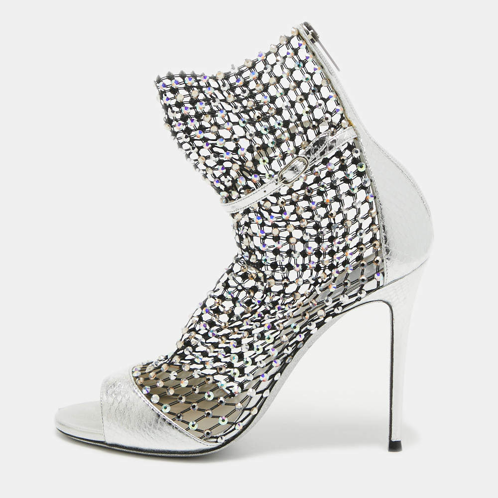 René Caovilla Silver Embossed Snakeskin and Crystal Embellished Mesh Galaxia Sandals Size 38