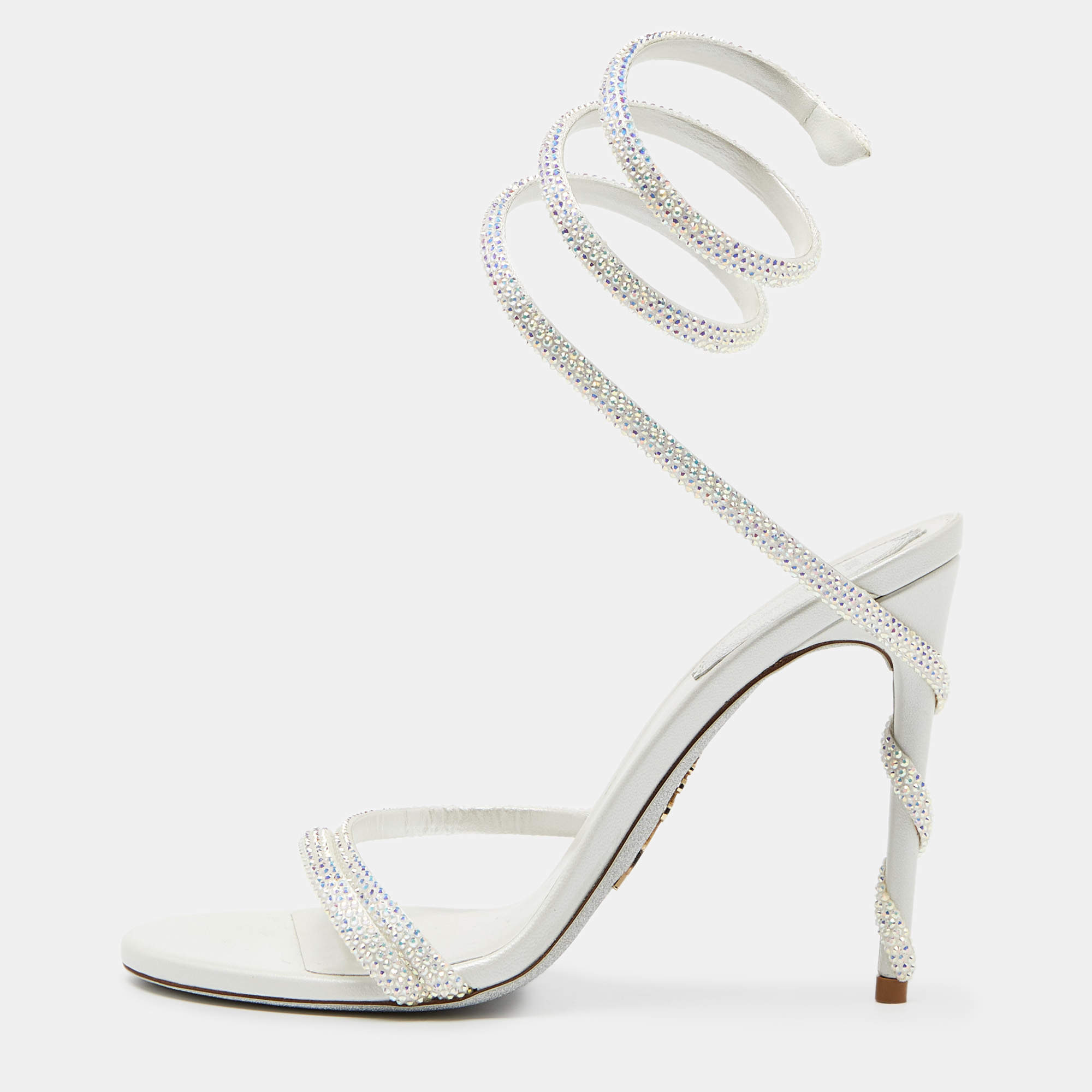Pre Owned Rene Caovilla Pearl White Crystal Embellished Leather Cleo Sandals Size 37