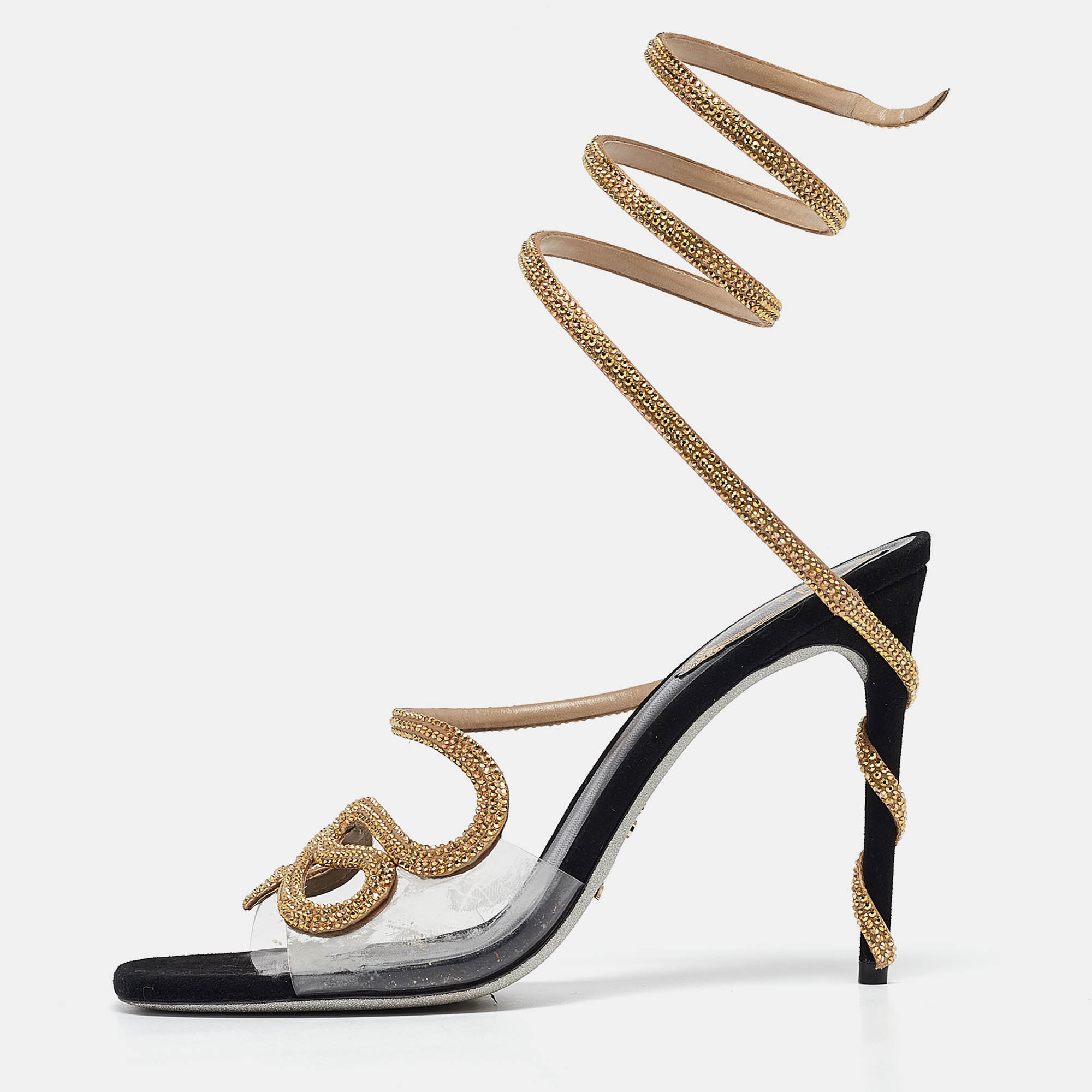 Pre Owned René Caovilla Black PVC and Suede Crystal 105mm Snake Wrap Sandals Size 39