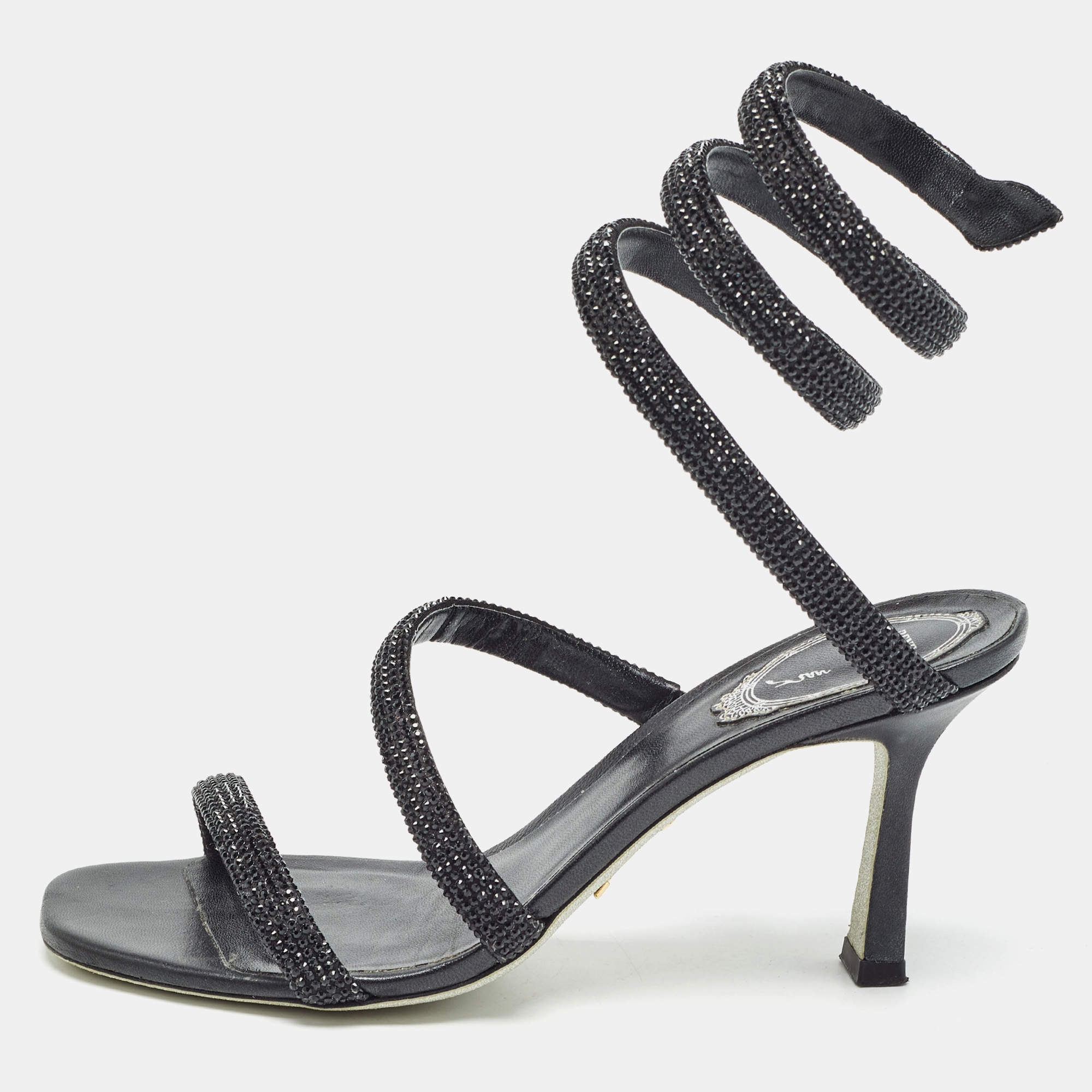 René Caovilla Black Crystal Embellished Satin Cleo Ankle Wrap Sandals Size 37  